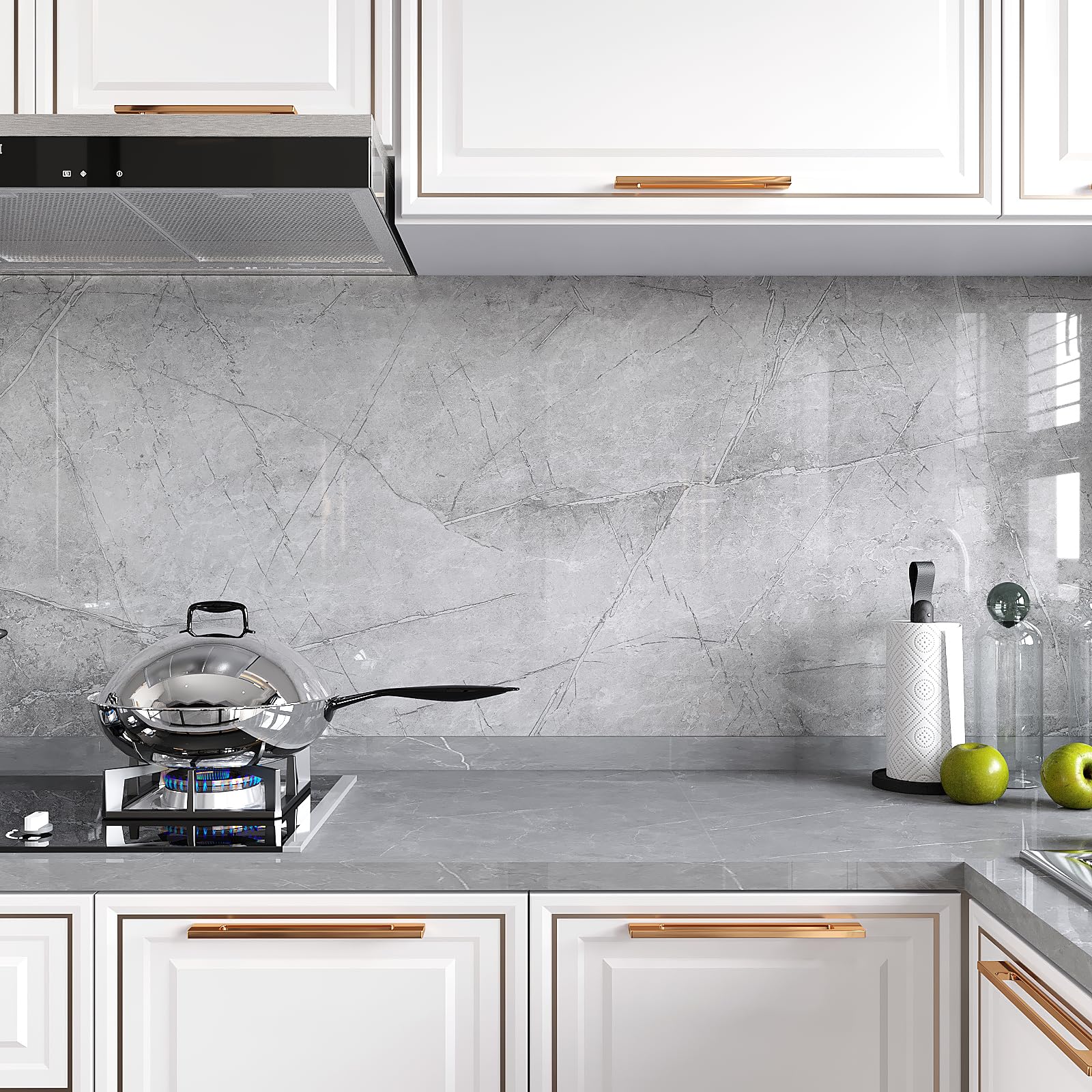 VEELIKE Carta Adesiva Effetto Marmo Grigio 81 cm x 900 cm Pellicola Adesiva Effetto Marmo Grigio Bianco Lucida Carta da Parati Adesiva Muro Camera da Letto Adesivo per Mobili Cucina Bagno Impermeabile