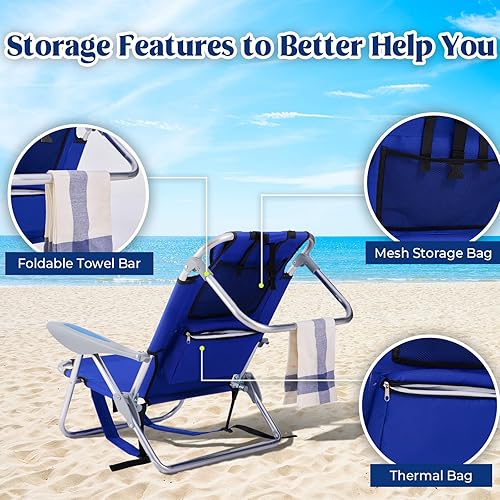 Miniatura 5 de Canpsky Silla de playa portátil para adultos, silla de camping ligera al aire libre, mochila plegable plana, silla reclinable de playa con 4