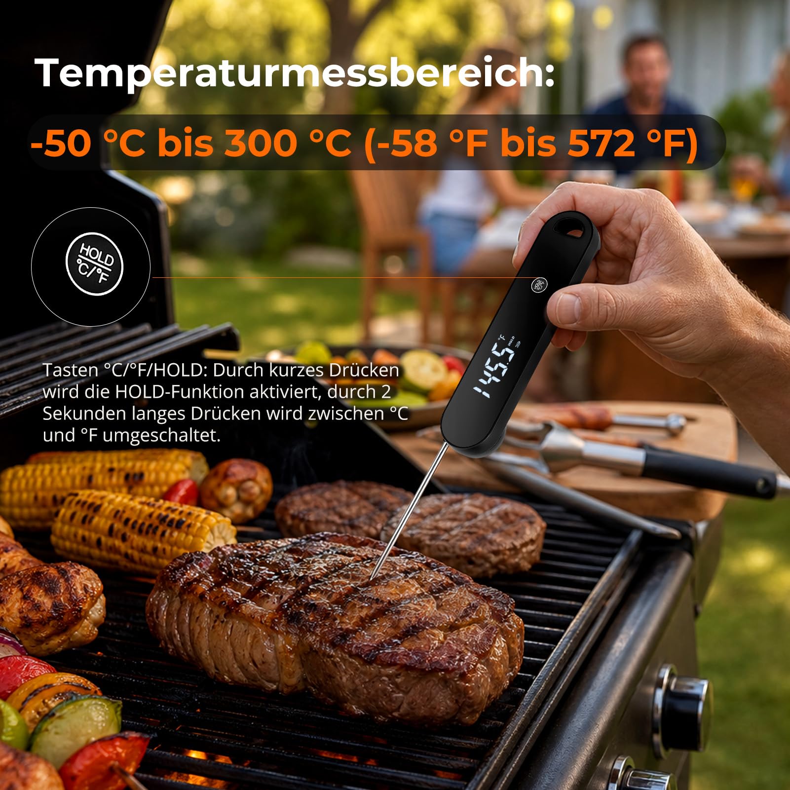 Termometro digitale per carne, display istantaneo da 0,6 s, IP66, impermeabile, sonda ultra sottile da 1,8 mm, precisione ± 0,5 °C, schermo girevole a 180°, per cucina, barbecue, forno, cottura