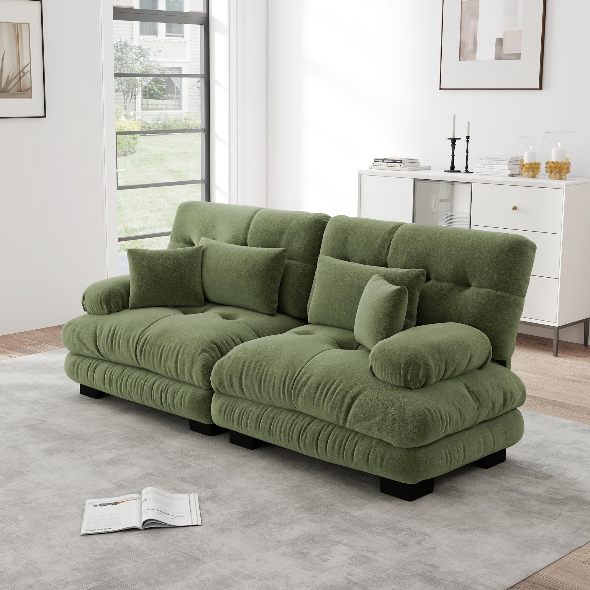 Muskel Modernes Cloud 2-Sitzer Sofa für Wohnzimmer, Loveseat Couch Chenille Doppelsofa mit Lendenkissen und Dekokissen, Massivholzrahmen (Grün, 2-Sitzer)