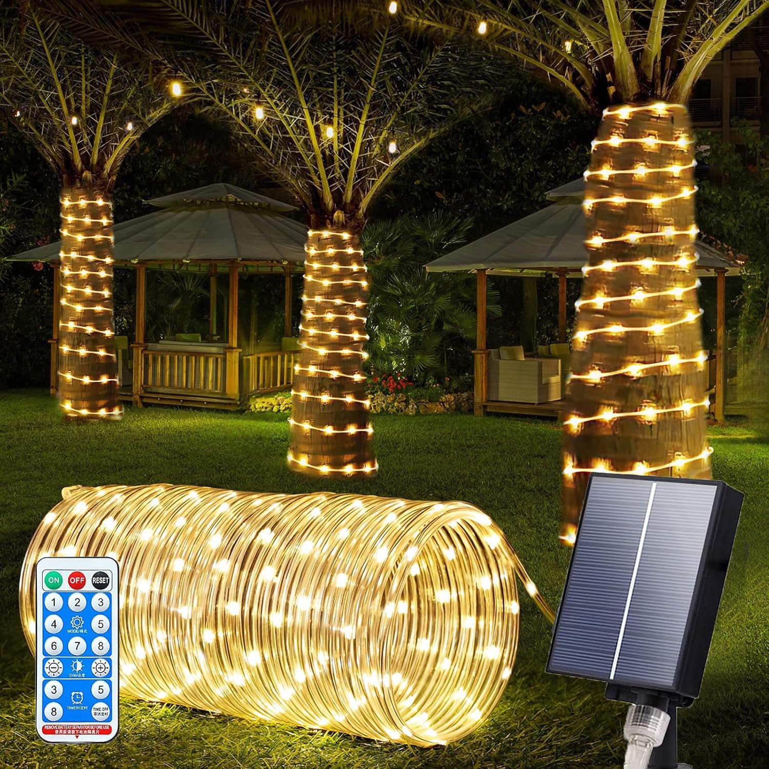 SIOOUI Outdoor Solar LED Rope Lights, IP65 Waterproof Rope Light with 8 Lighting Modes, 22m/72.1ft 200LEDs Rope Fairy Light