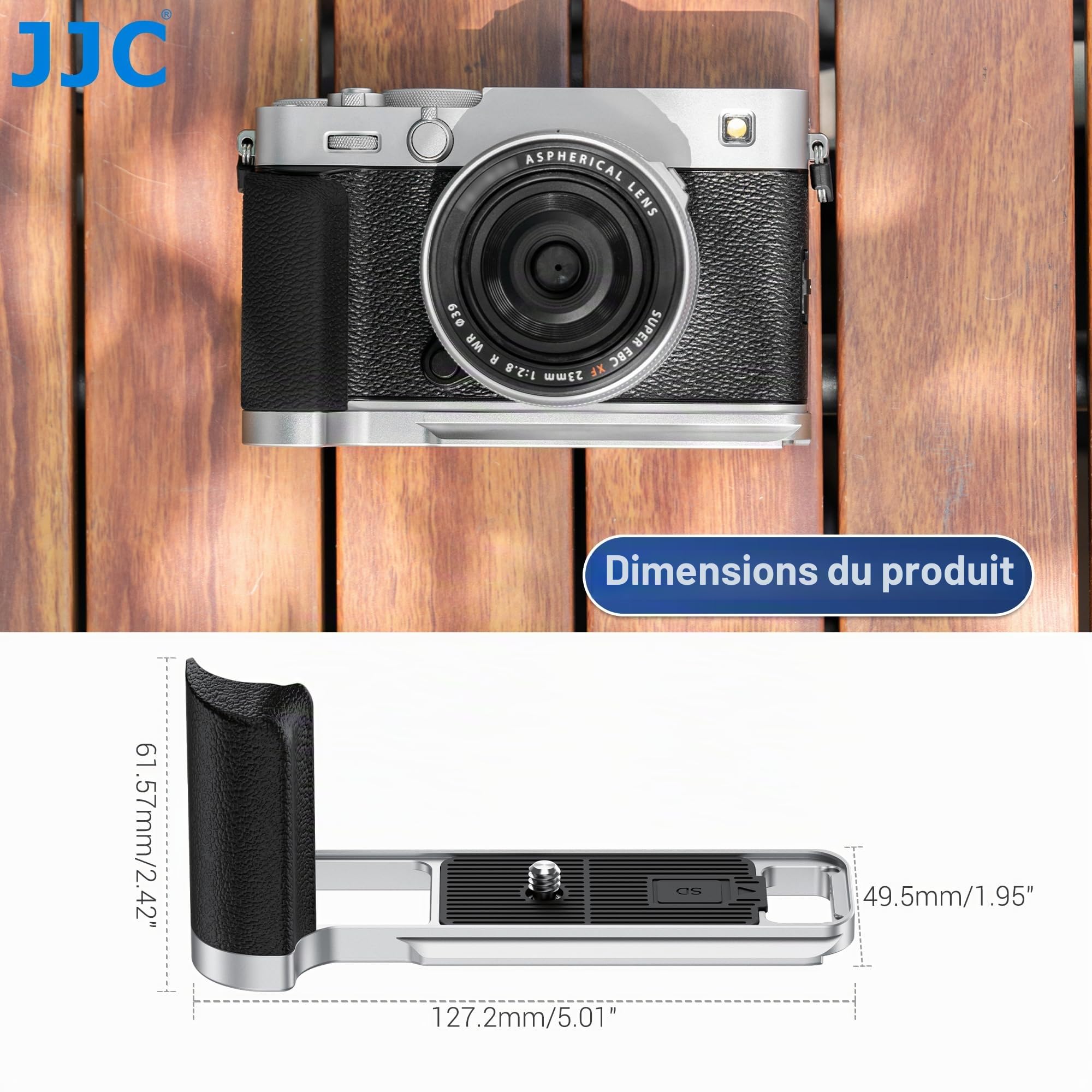 Poignée métallique en L JJC avec Bouton d'obturateur Compatible avec Fujifilm X-E5, XE5, Quick Release Arca, poignée avec Peak Design Capture Camera Clip V3, Emplacement SD intégré, Noir