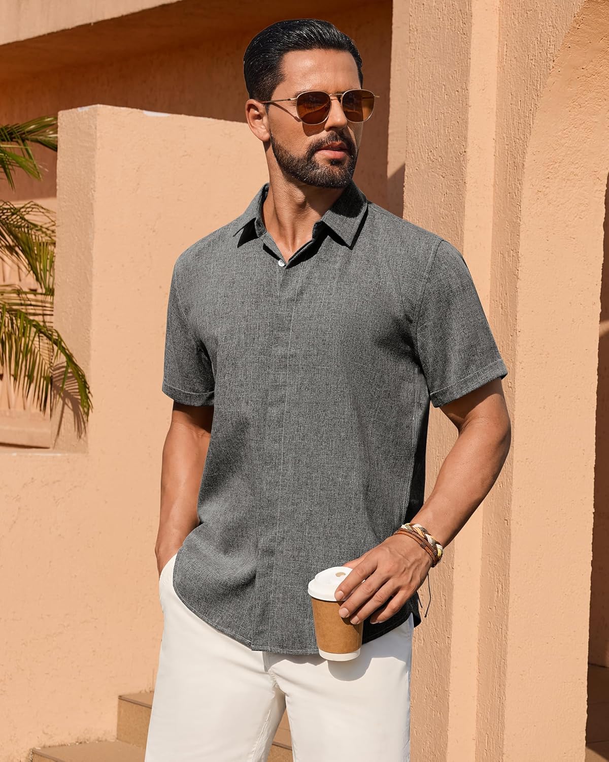 Alimens & Gentle Mens Linen Shirt Short Sleeve Button Down Shirt Casual Summer Beach Vacation Wedding Shirts - Image 5