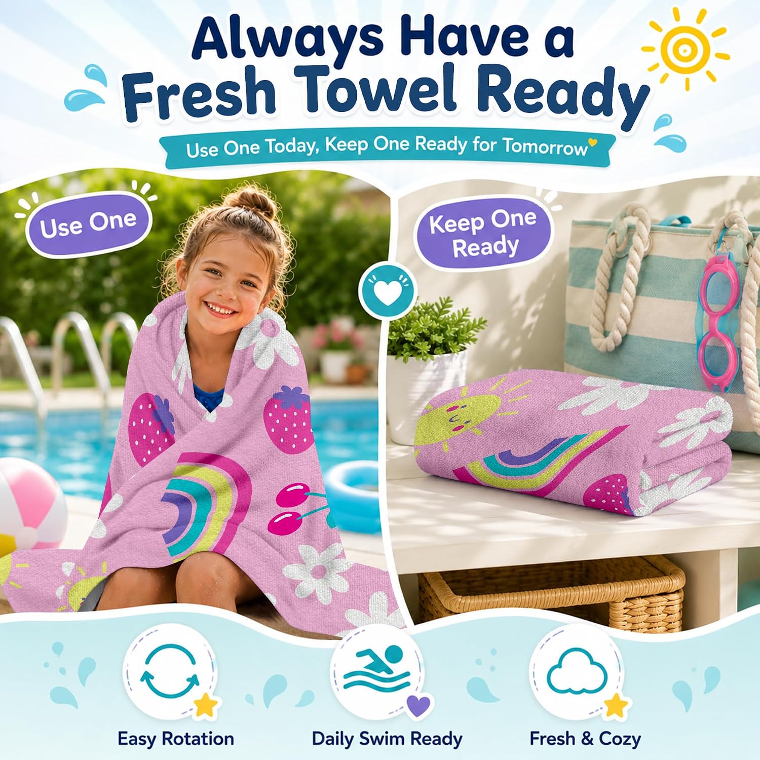 2-Pack Cotton Kids Beach & Bath Towels, 30 x 60 in, Pink Rainbow