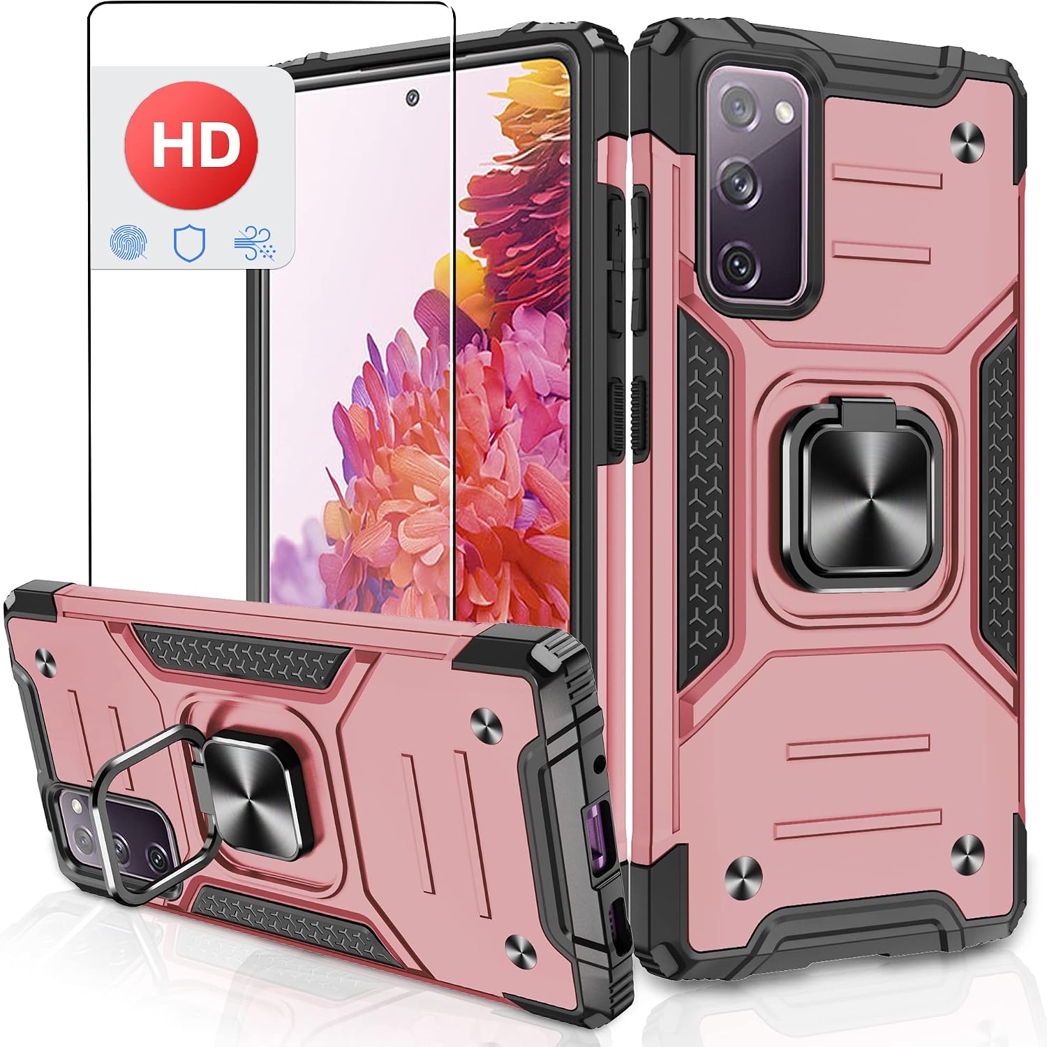 Galaxy S20 FE 5G Case, Samsung S20 FE Phone Case with HD Screen Protector, Atump 360° Rotation Ring Kickstand [Military Grade] Dual Layer Shock Absorption Protective Case for Galaxy S20 FE, Rose Gold