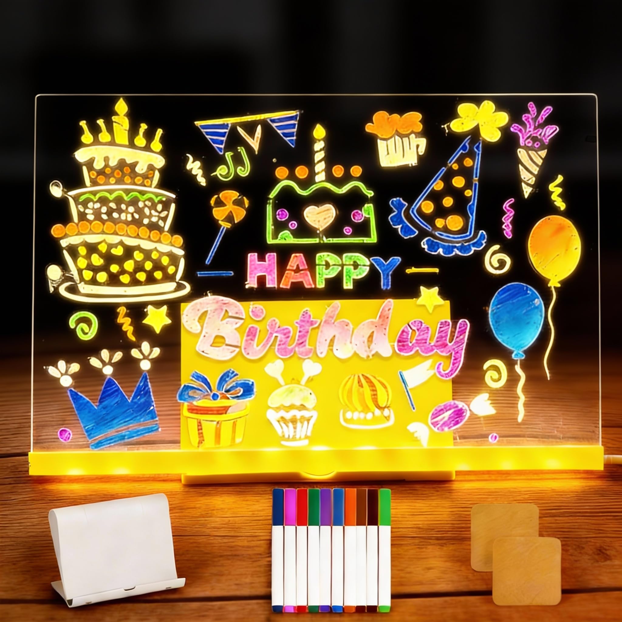 LED Drawing Board Children, LED Note Board with 7 Colours, 30 x 20 cm LED Drawing Board, Wipe-Clean, Notepad, Writing Board, Memo with Stand and 2 Cleaning Cloths