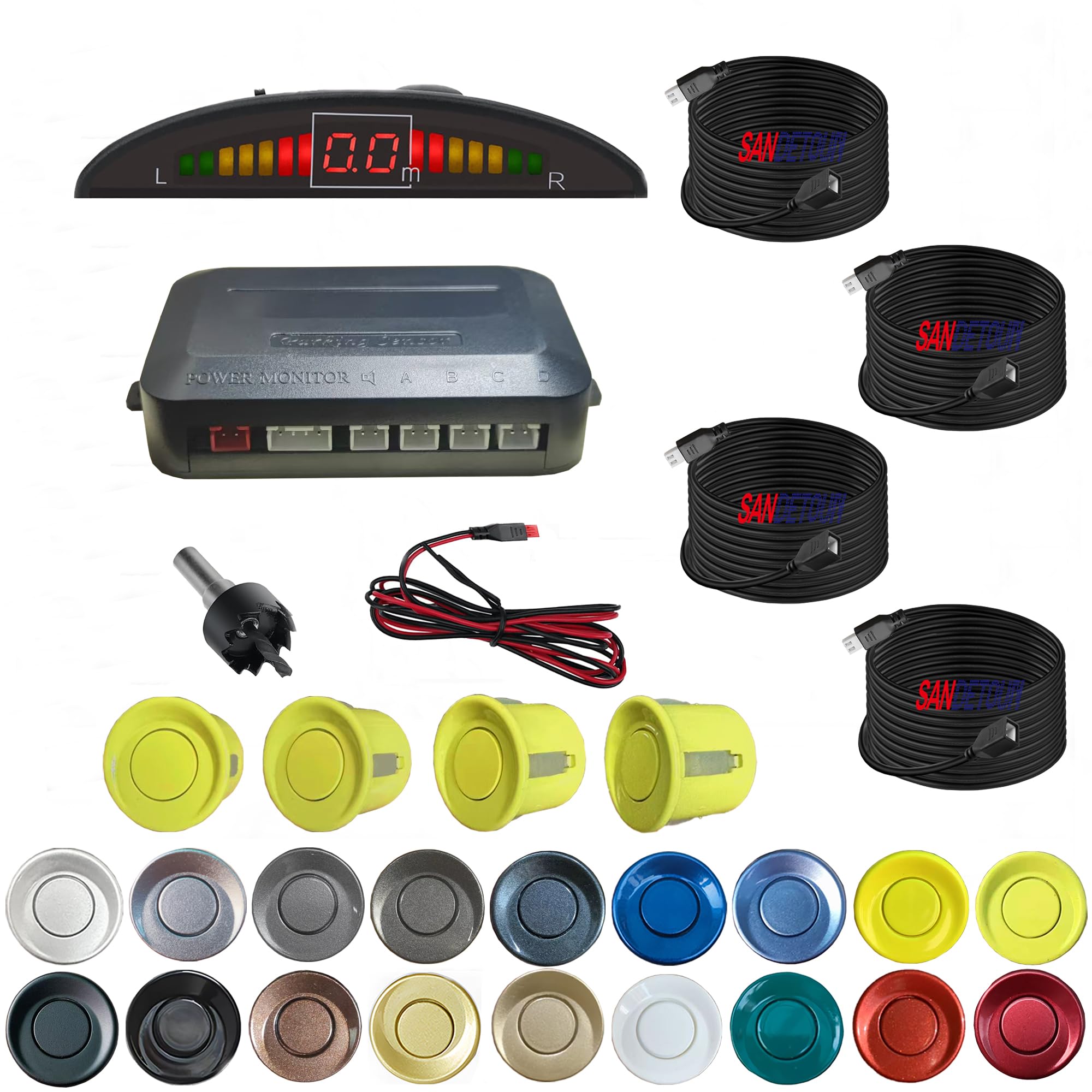 Parking Sensor Kit Backup Sensor Kit Reverse Sensor for Pickup &amp; Extended Vehicles - 4 x 2.3m Sensor + 4 x 4.5m Extension Cables, 24V Compatible(Voltage Reducer Sold Separately)Light Yellow