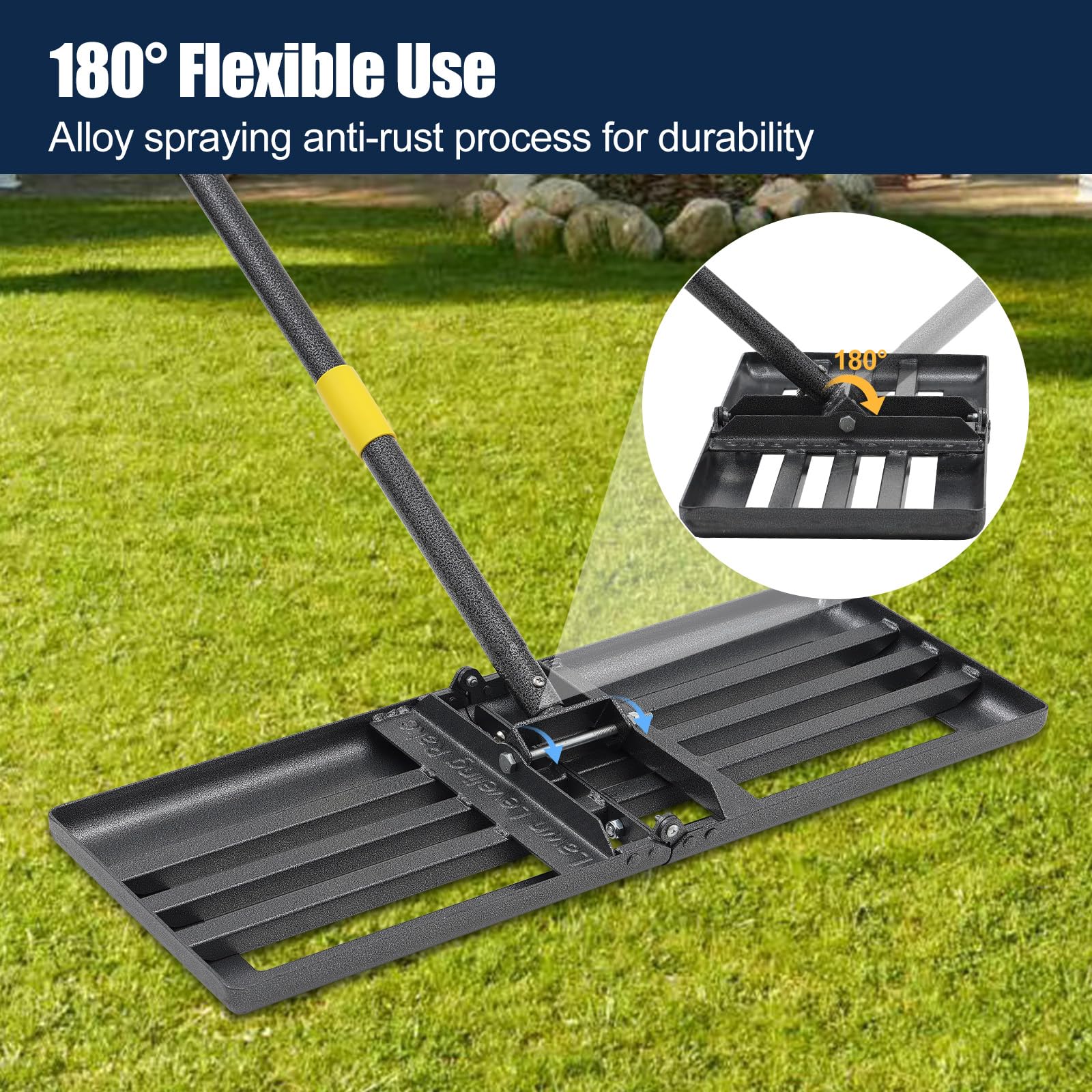 Rastrillo profesional de nivelación de césped de 30 x 10 pulgadas, herramienta de nivelación de gran tamaño con mango de acero inoxidable de 80 pulgadas, rastrillo plegable para nivelación de arena y