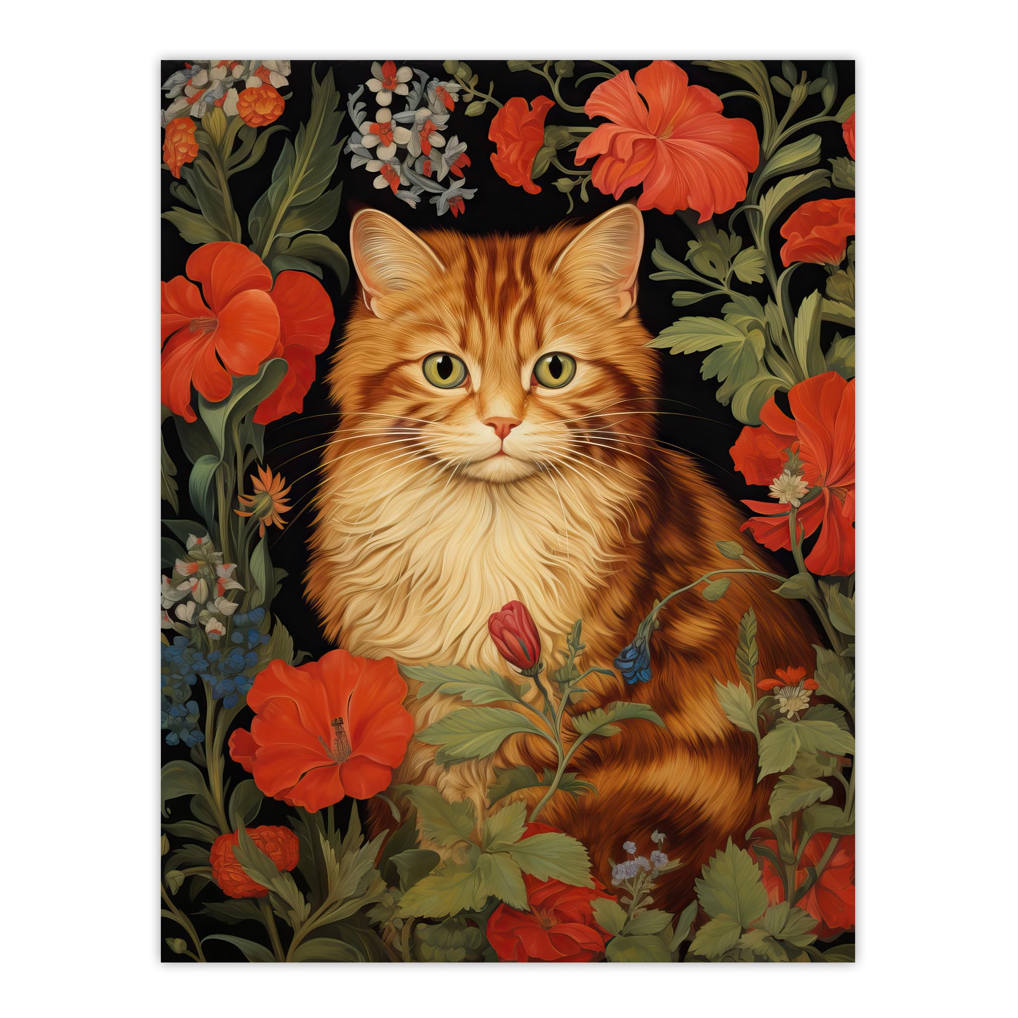 Artery8 Ginger Striped Kitten Cat Floral Illustration Wall Art Poster Print 18X24 Unframed Thick Paper