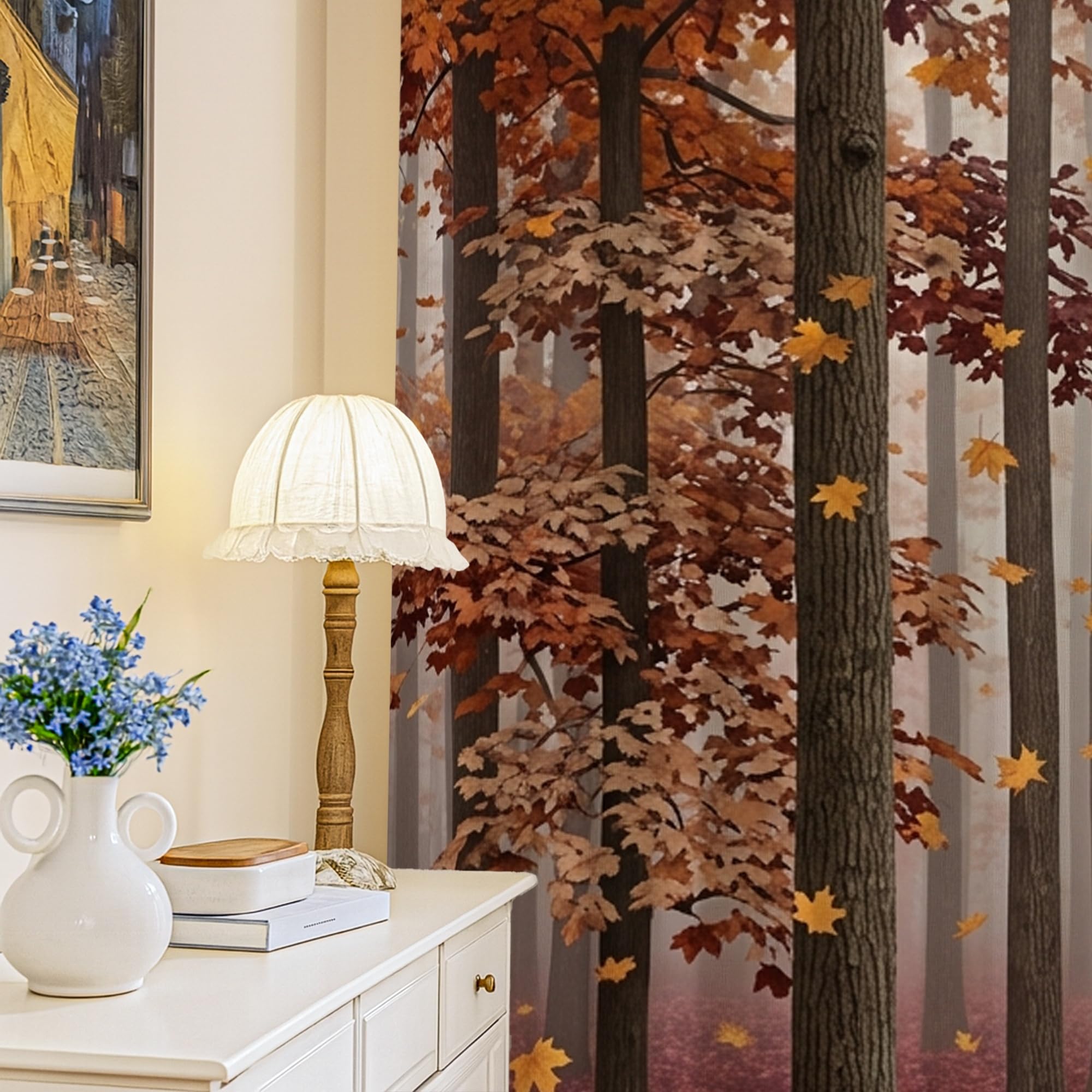 Rideaux occultants motif arbres forêt marron automne salon cuisine 132x213