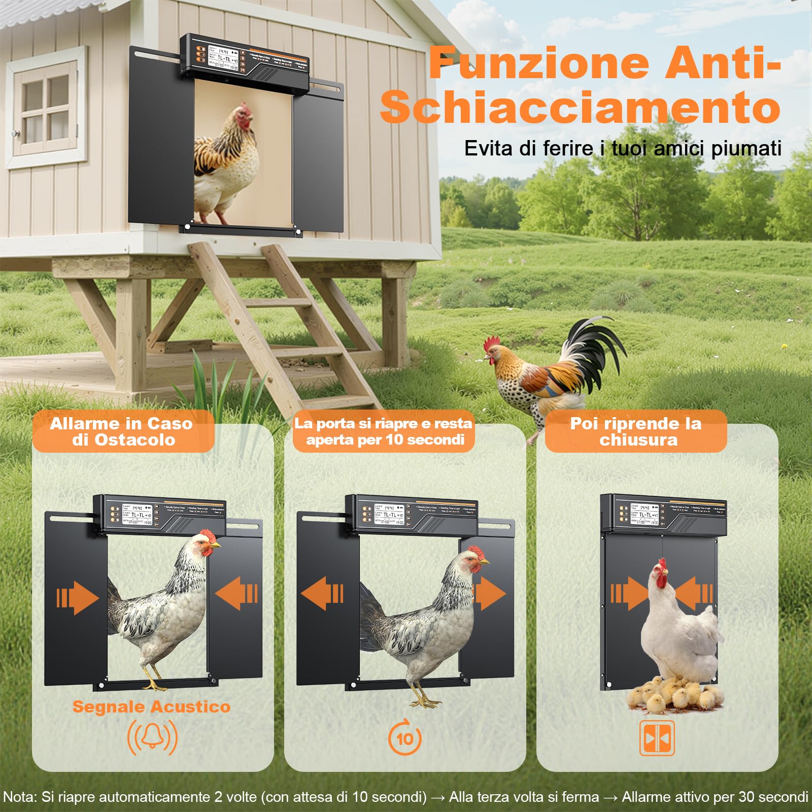 Porta Automatica per Pollaio Grandi Dimensioni, 4 Modalità | Porta Pollaio Automatica Alluminio con Pannello solare da 7 W, con timer e sensore di luce, Ampio display LCD, con telecomando (Nero)