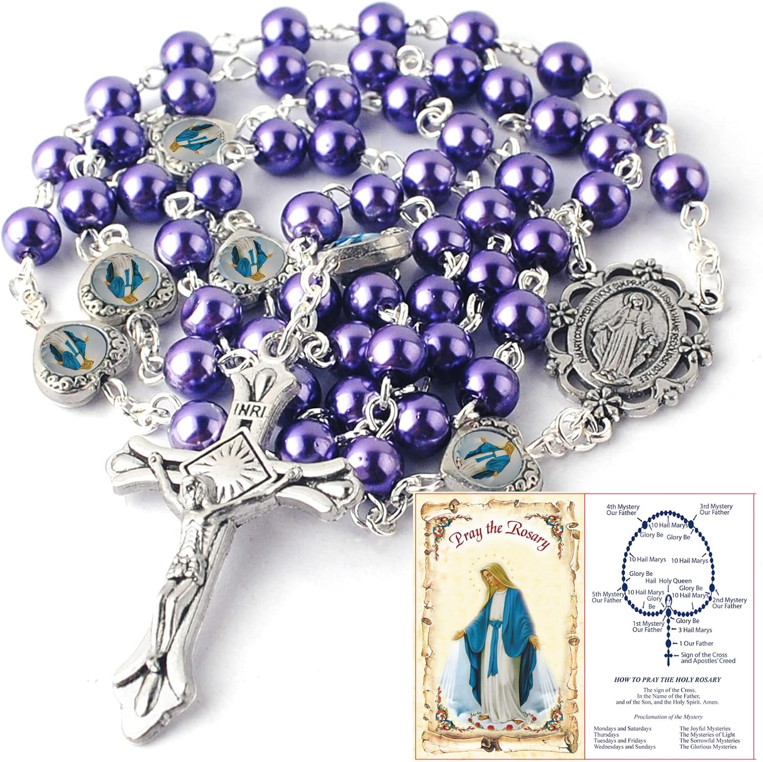 HanlinCC Glass Pearl Beads with Miraculous Epoxy Heart Metal Beads Rosary Necklace pack in Velvet Gift Bag with Rosary Pray Card - Image 5