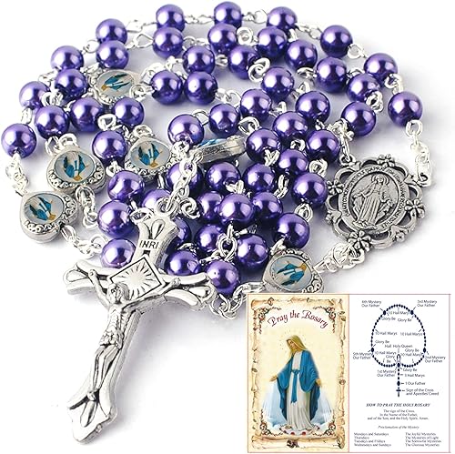 Miniatura 5 de HanlinCC Cuentas de perlas de vidrio con corazón de epoxi milagroso cuentas de metal paquete de collar de rosario en bolsa de regalo de terciopelo