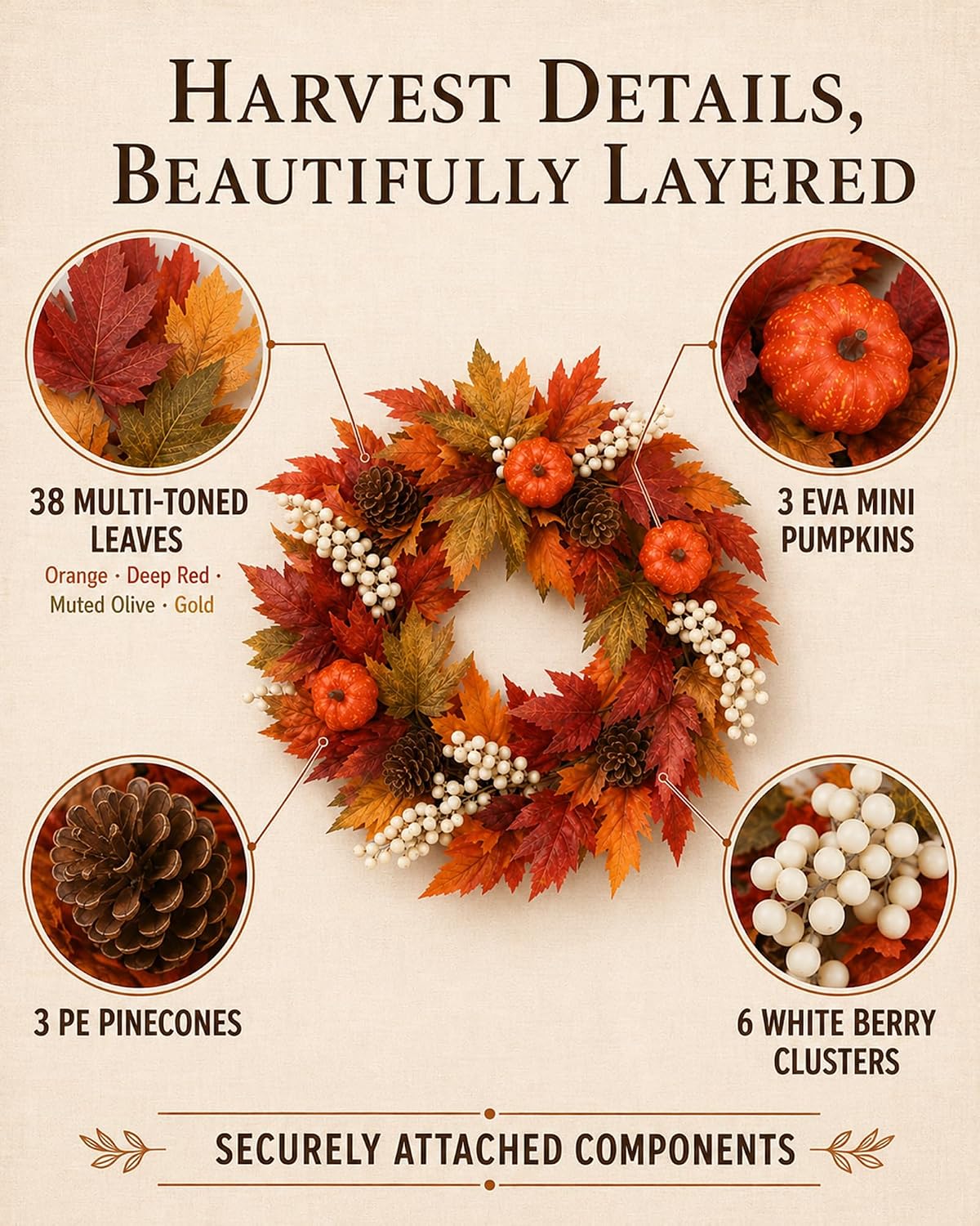24 Inch Fall Wreath for Front Door, Thanksgiving Maple Leaves & Pumpkins