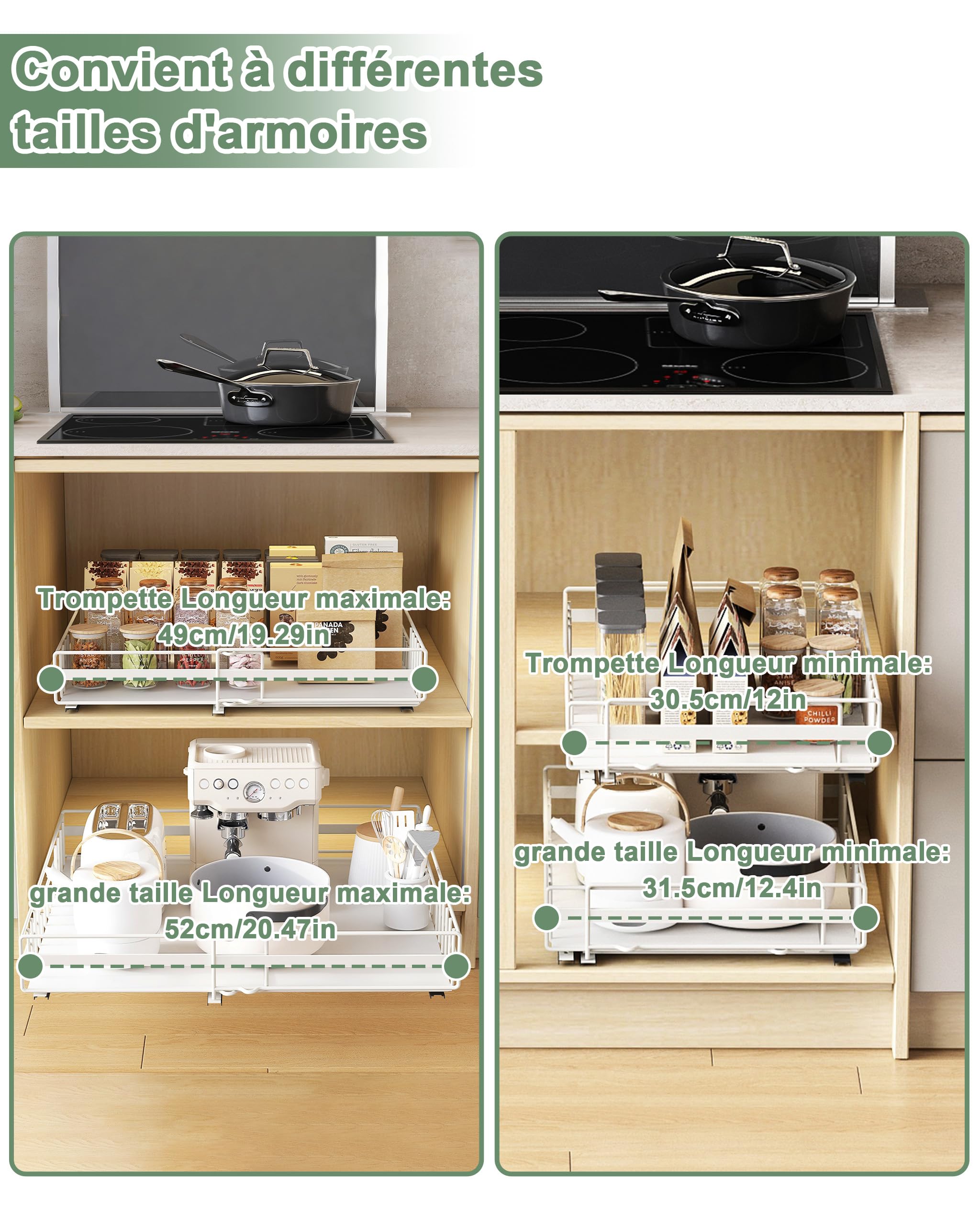 UMDONX Lot de 2 organiseurs de tiroirs télescopiques extensibles avec colle pour armoires de cuisine, tiroirs de cuisine, organiseurs à tirer (blanc)