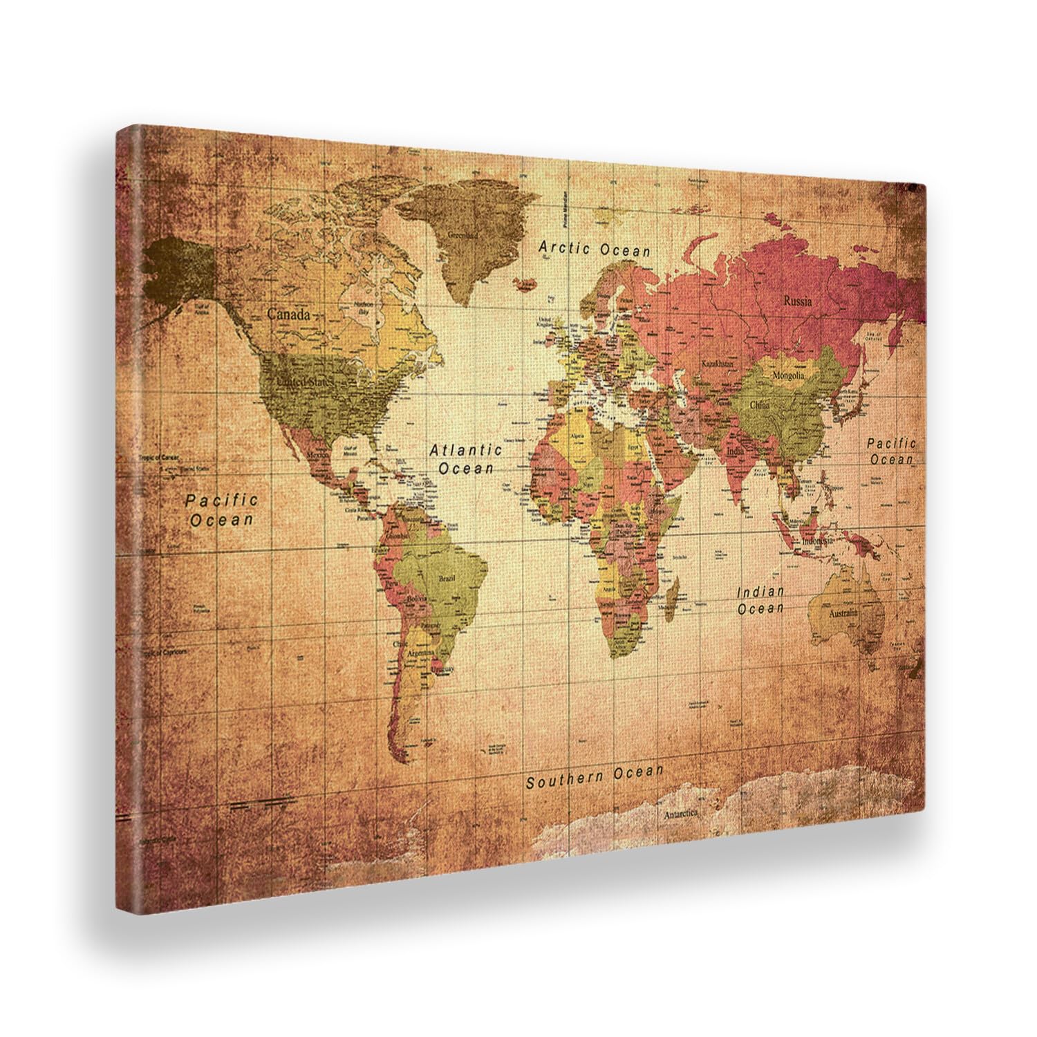Giallobus - Cuadro - Impresion EN Lienzo - World Map Old - Antiguo Mapa del Mundo - 100 x 140 CM