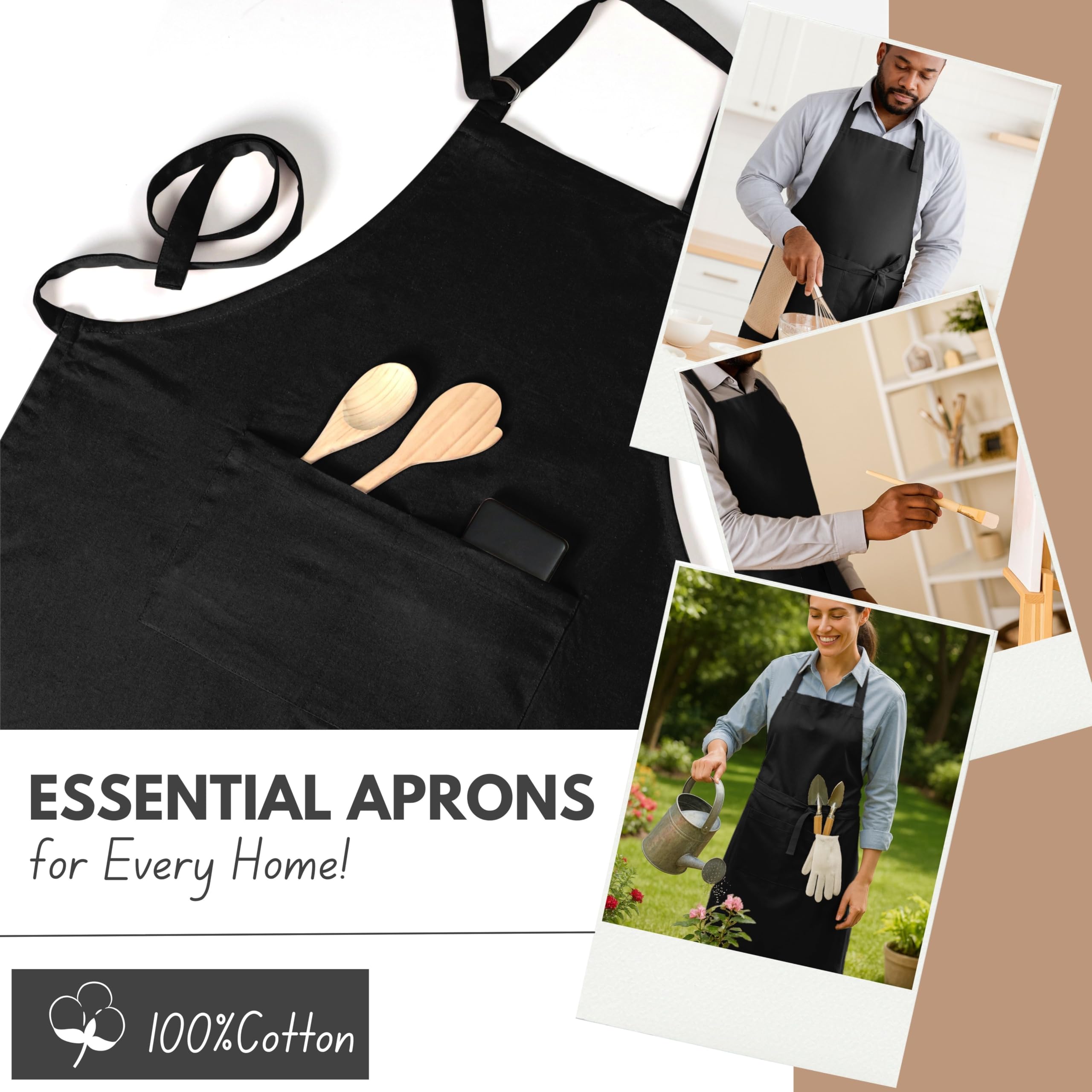 Native Fab Delantal de cocina de algodón, 2 unidades, ajustable, duradero, con bolsillos, perfecto para cocinar, hornear, asar a la parrilla y chefs, color negro, Negro -, 27"(L) x 33"(W)