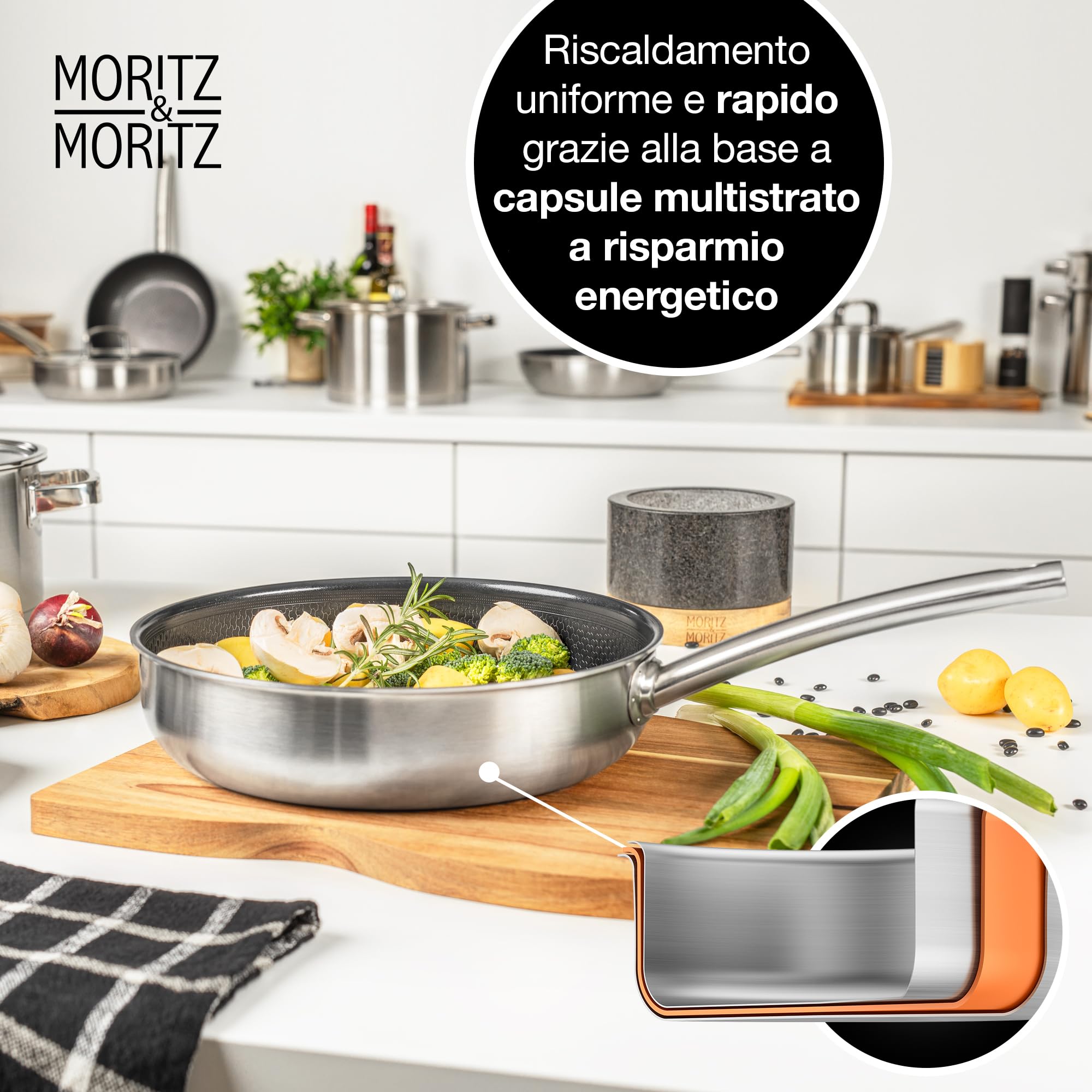 Moritz & Moritz Padella Antiaderente 28 cm Atruttura a Nido D'ape con Rivestimento Ceramico - Adatta a tutti i tipi di piano Cottura - Padelle Antiaderenti induzione per Cucinare, Friggere e Brasare