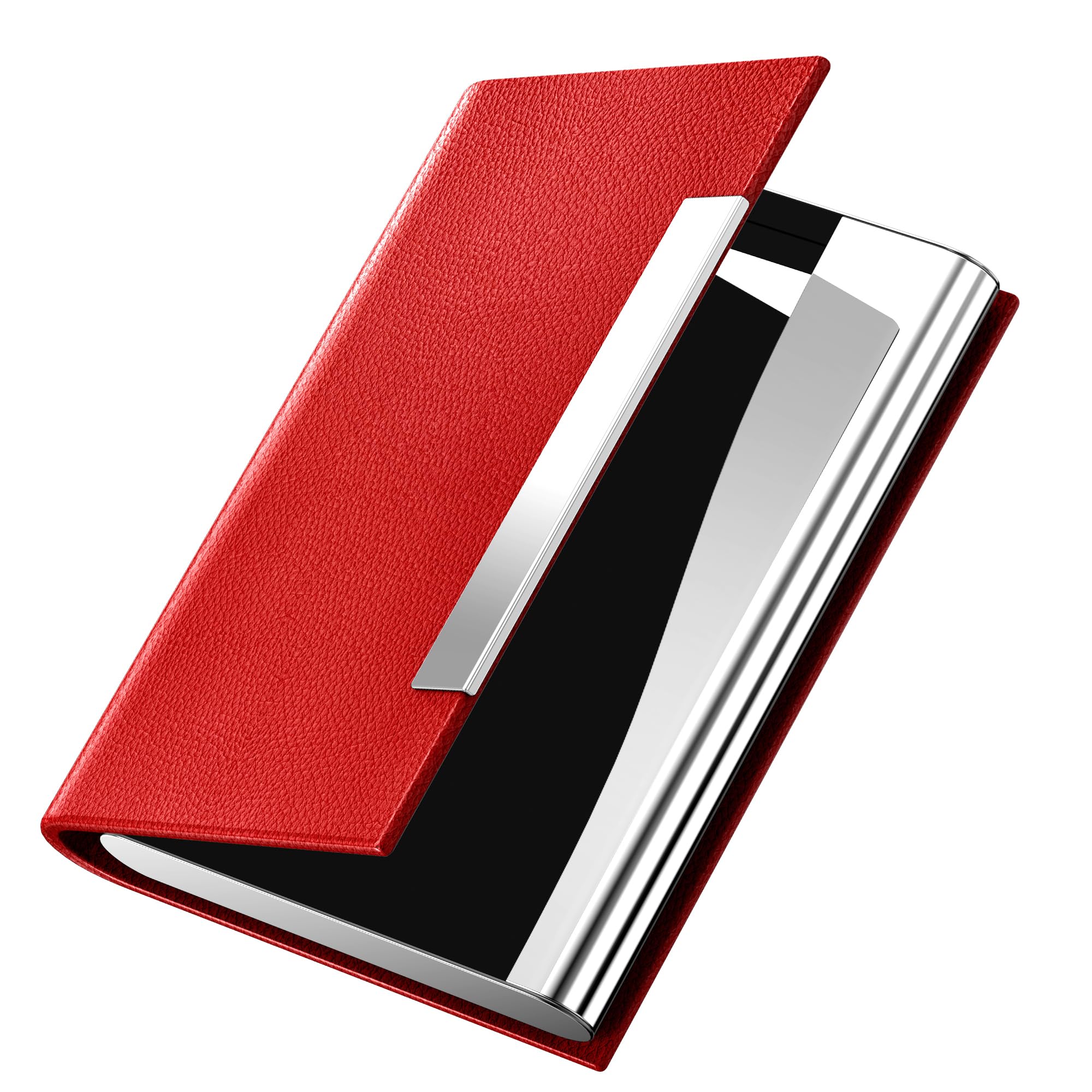 Padike Business Card Holder, Red Faux Leather Wallet with Stainless Steel, RFID Protected