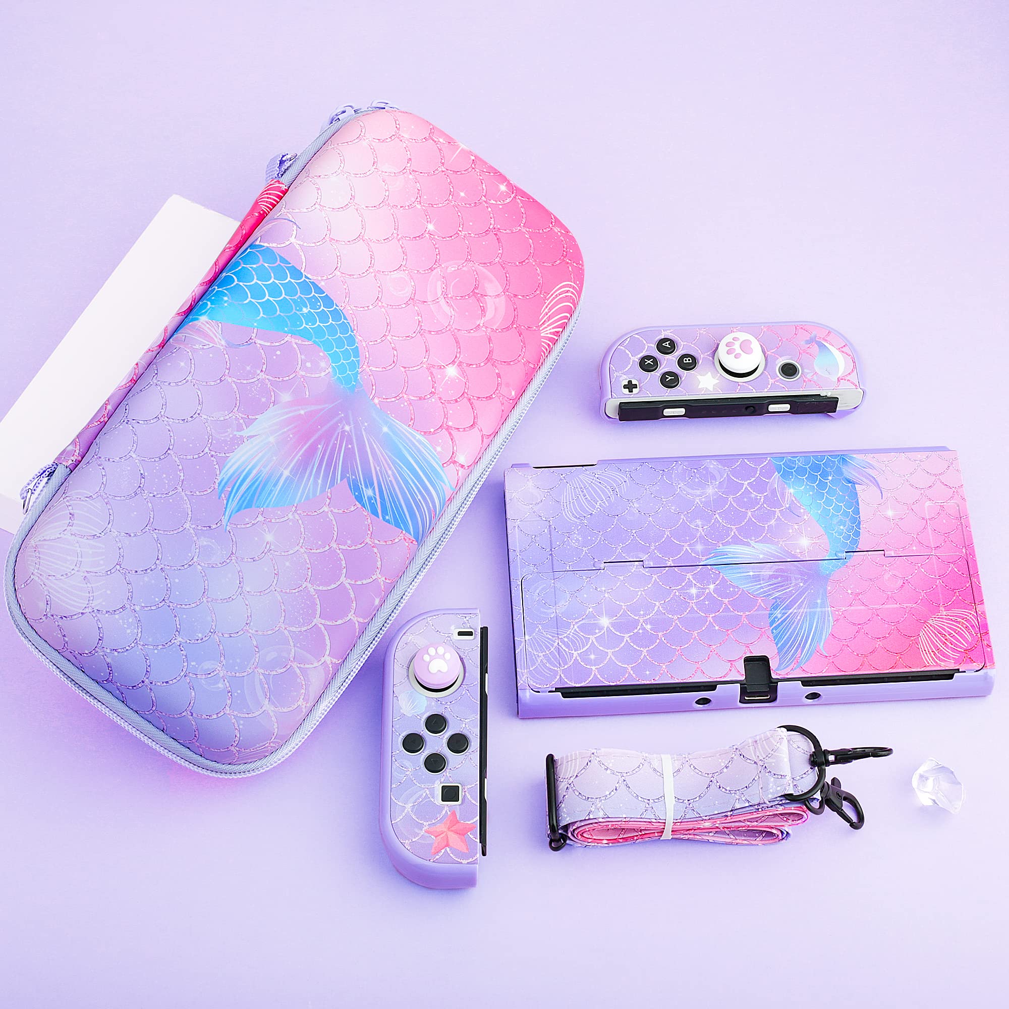 RHOTALL Custodia per Nintendo Switch OLED, graziosa custodia per interruttore OLED, con custodia protettiva rigida, proteggi schermo, tracolla regolabile e 2 tappi per pollice per sirena