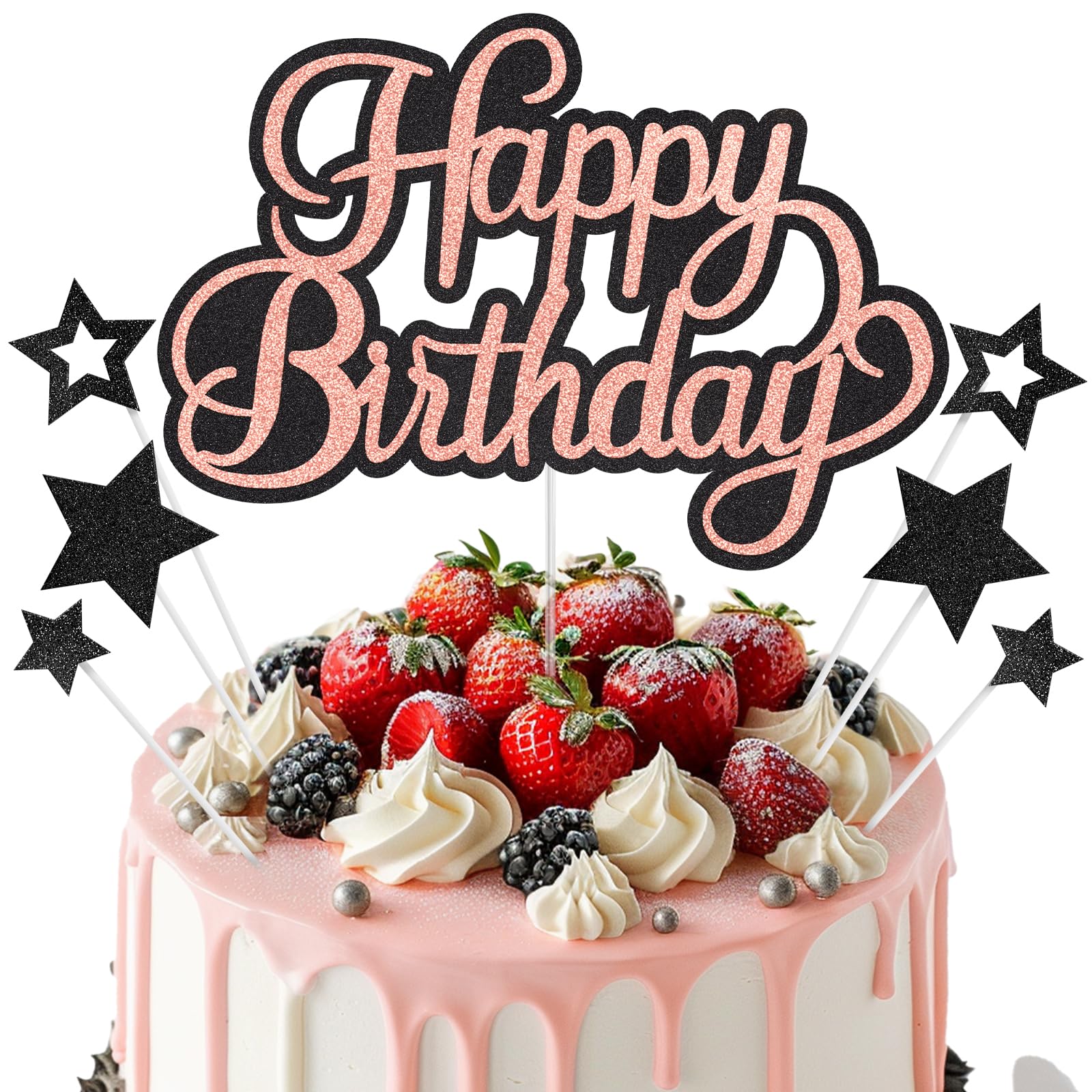 Happy Birthday Cake Topper, Glitter Cake Decoration for Birthday Party, Theme Party Cake Decorations Supplies for Girl Women, Black Rose Gold