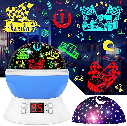 Luz nocturna de autos para niños, lámpara giratoria con auto de carreras, proyector de estrellas para niños de 3 a 8 años, proyector de luz nocturna