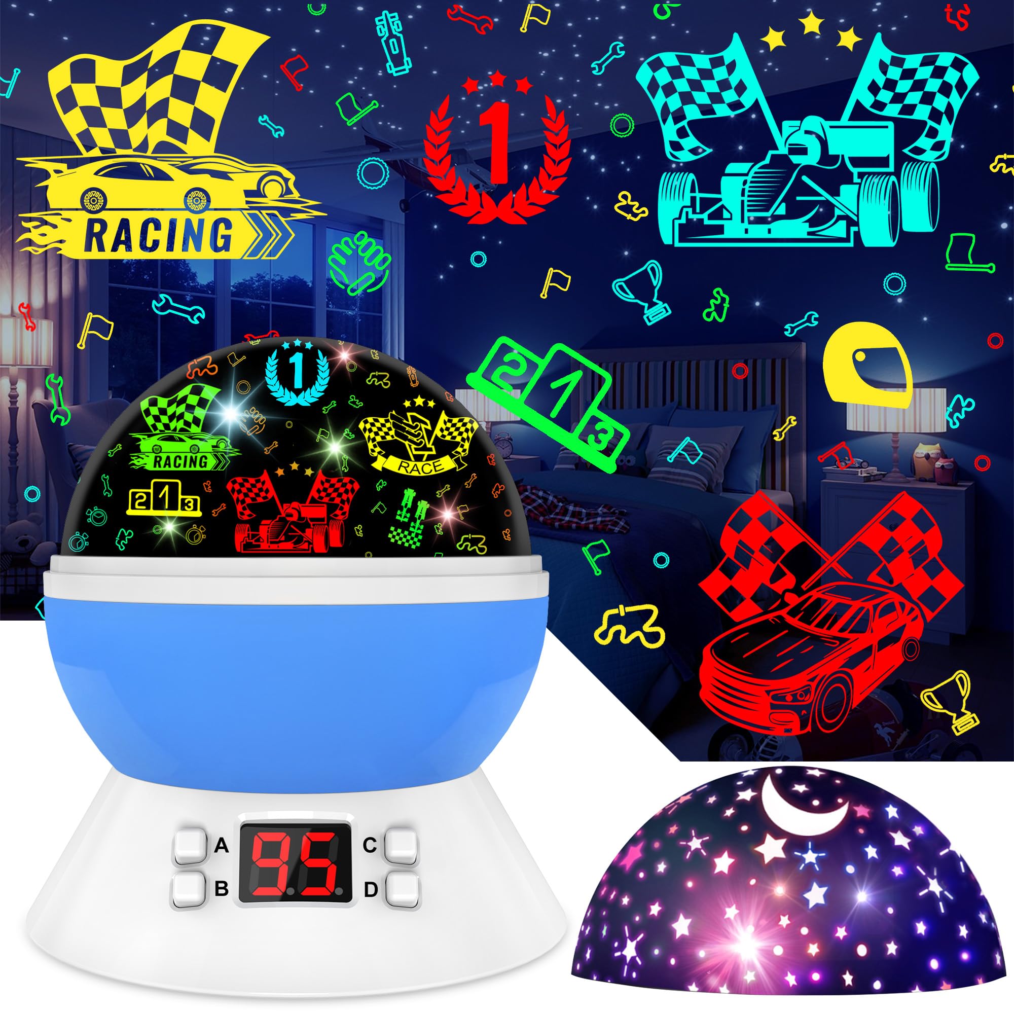 MOKOQI Cars Night Light for Boys - Rotating Projector Lamp with Race Car - Star Projector for Kids Age 3-8 - Ceiling Nightlight Projector with Cars and Stars - Birthday Gifts for Boys Room Decor