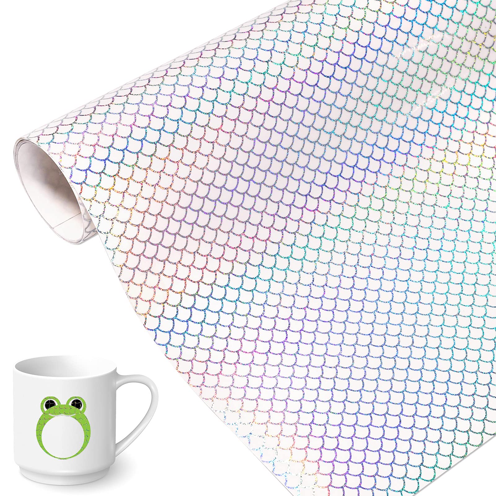 VINYL FROG Holographic Clear Mermaid Pattern Permanent Adhesive Vinyl Roll 12"x6ft for Bottle and Glass Decoration