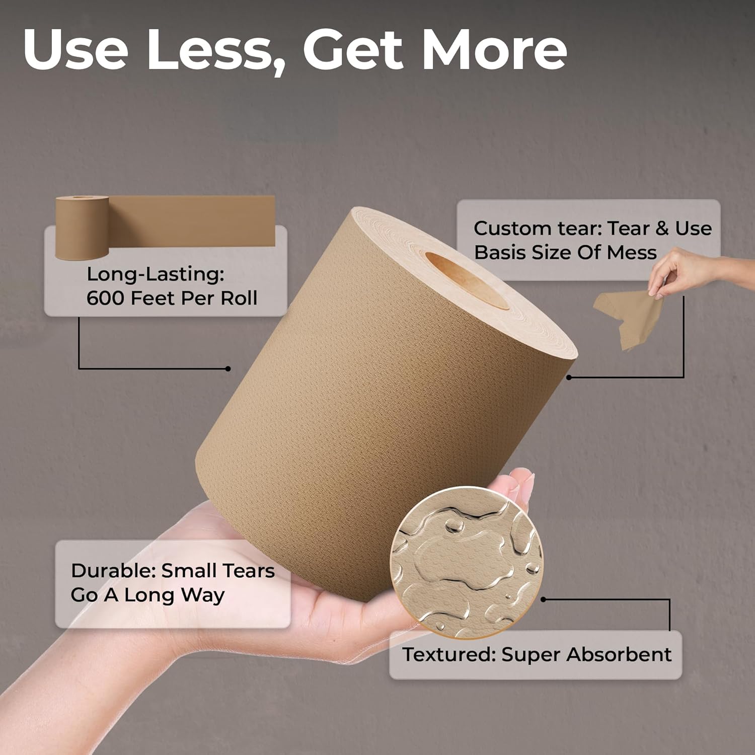 Restaurantware Paper Towel 12 Roll Case 600' 1-Ply Brown Paper Towel Roll Non-Perforated Absorbent Commercial Universal Core Kitchen Restroom Use