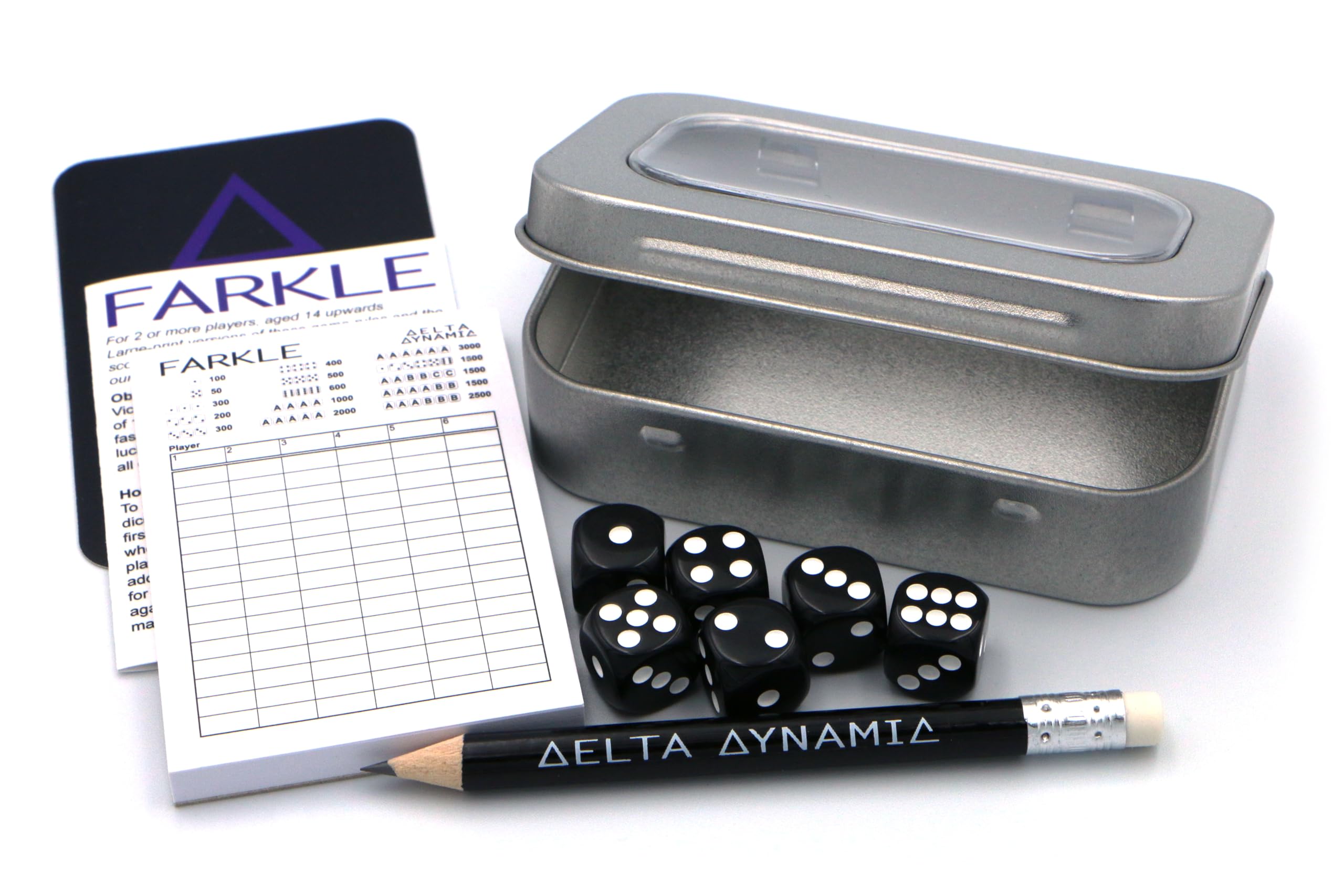 Delta Dynamic Products Farkle Travel Tin  Traditional Dice Game in a Compact Hinged Storage Tin. Pocket-Sized Set (9.6 x 6.2 x 2.2cm). UK-Made.