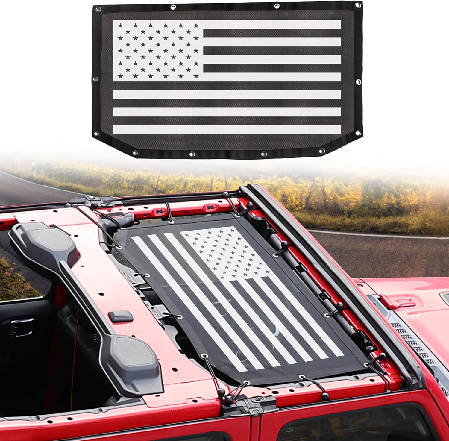Sunshade for 2018-2023 Jeep Wrangler JL JLU Accessories 2/4 Door Front & Rear Mesh Sun Shade Sunshade Bikini Soft Top Roof Cover Net for Jeep JL - Blocks UV, Wind, Noise,Flag
