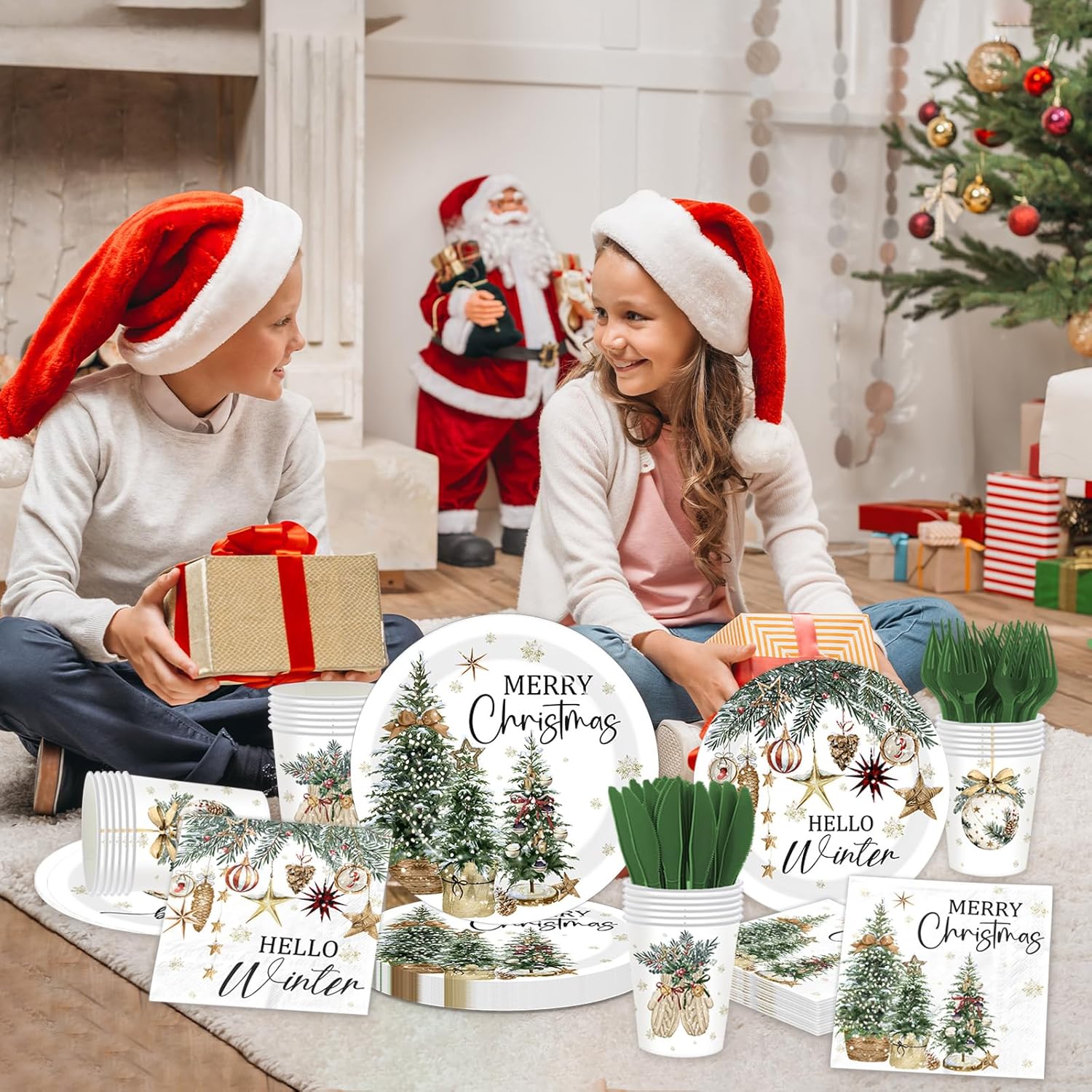 144Pcs Merry Christmas Paper Plates and Napkins -Snowflake Christmas Tree Bell Dinnerware Set for Hello Winter Holiday Xmas Party Supplies