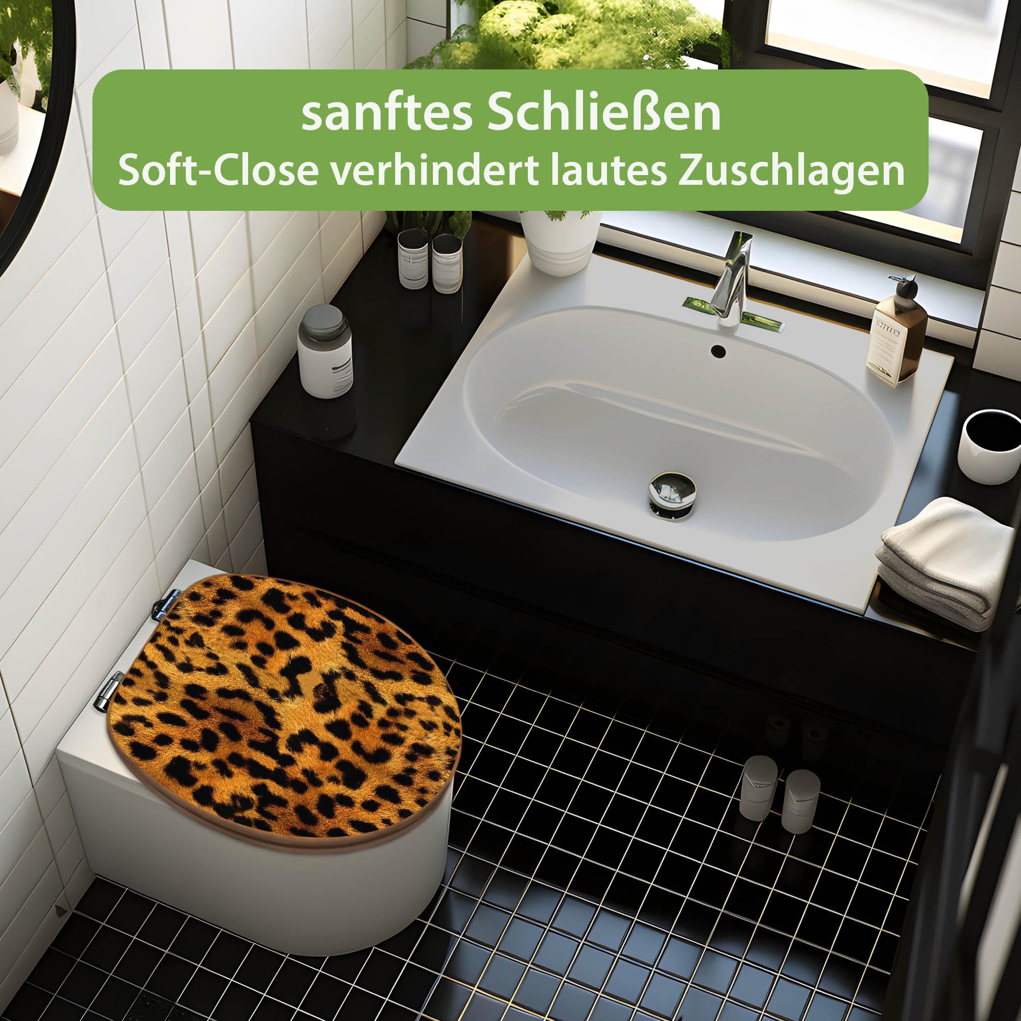 banjado Design WC Sitz Bambus Absenkautomatik 45,8x37,5cm - Toilettendeckel mit Absenkautomatik Holz - hochwertiger Bambus Klodeckel - WC-Sitz für gängigen Toiletten - Motiv Leopard