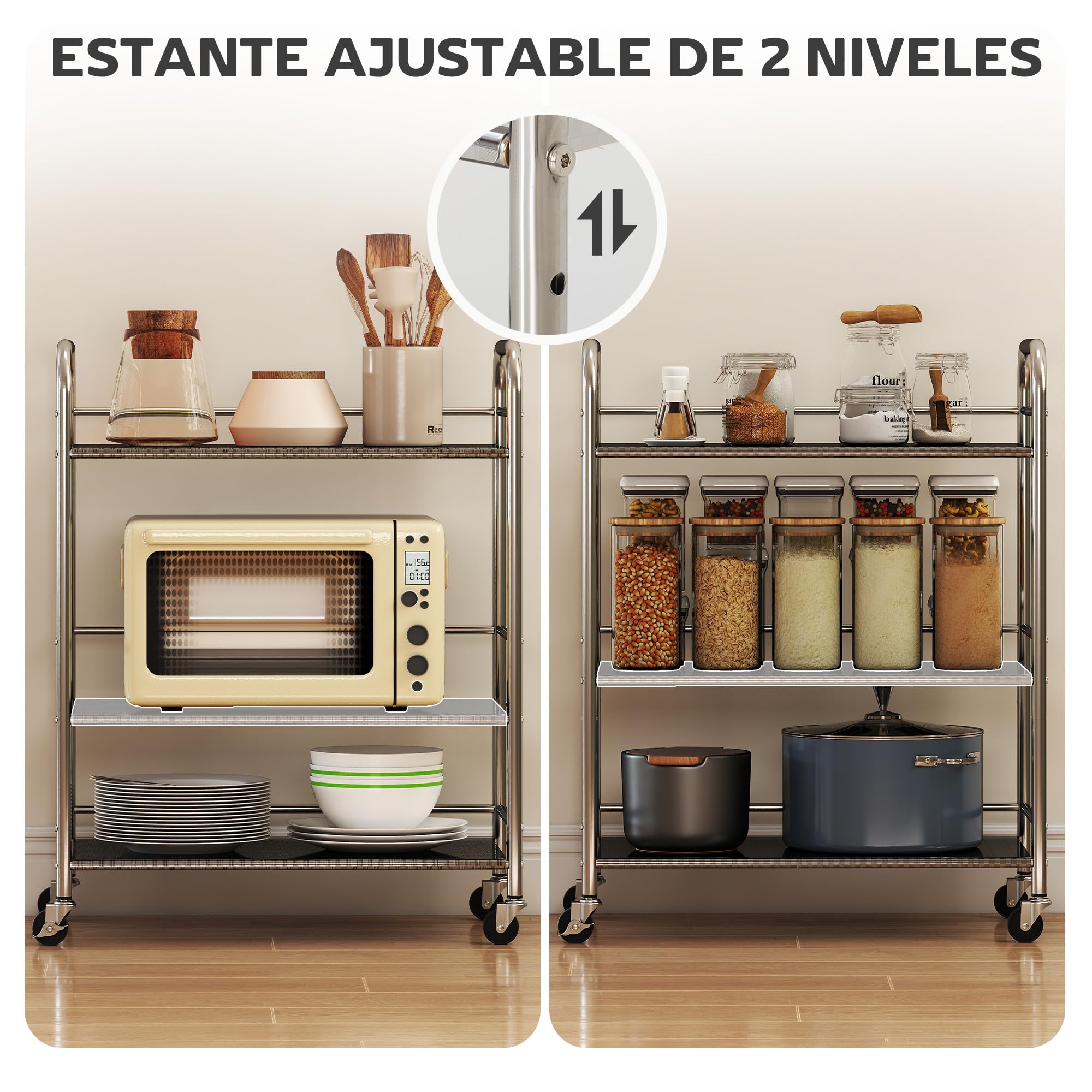 HOMCOM Carrito Auxiliar con Ruedas de Acero Inoxidable, Carro de Servicio de 3 Niveles con Estante Ajustable, 4 Ruedas, Carrito para Cocina, Restaurante, 60x35x77 cm, Plata