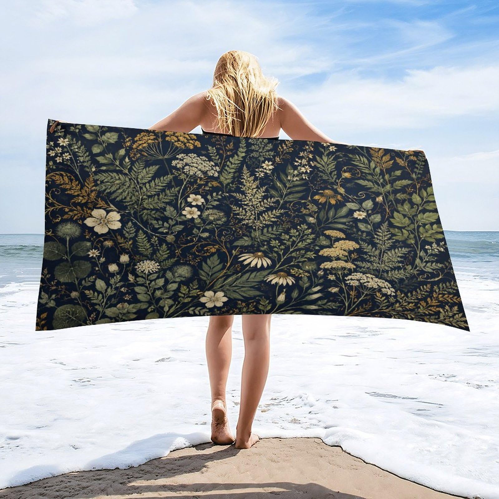 Anceky Botanical Floral Beach Towel 32"×63",Soft Microfiber Bath Towel Shawl, Quick Dry Absorbent Pool Spa Gym Shower Towel