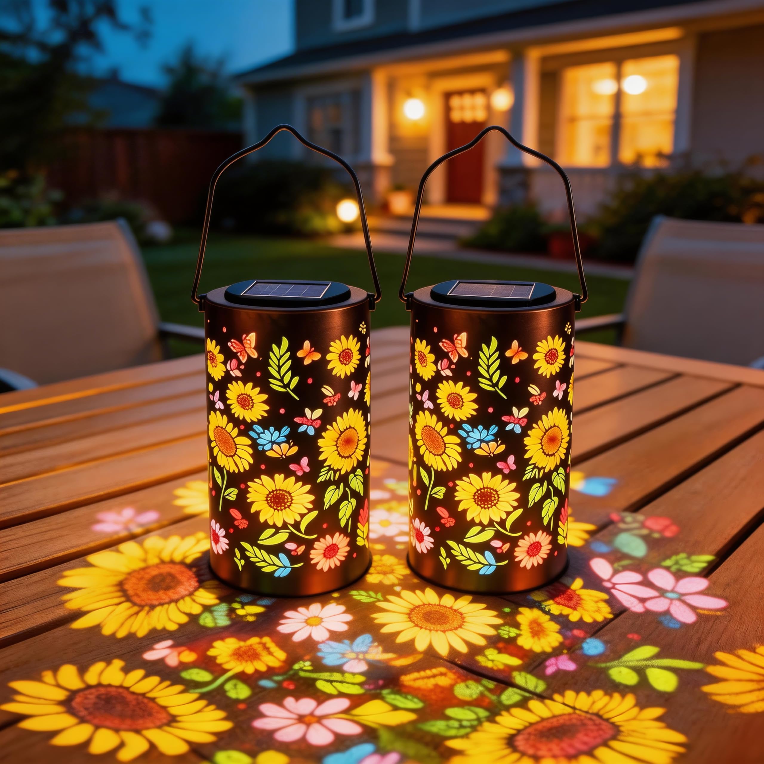 IHALO 2 Stück Colorful Sunflower Glow Solar Garden Lantern, Metall Solarlaterne mit Sonnenblumen Silhouetten, Solar Hängeleuchte mit IP65 Wasserdicht, Wasserdichte Gartenleuchte für Hof, Gartenwege