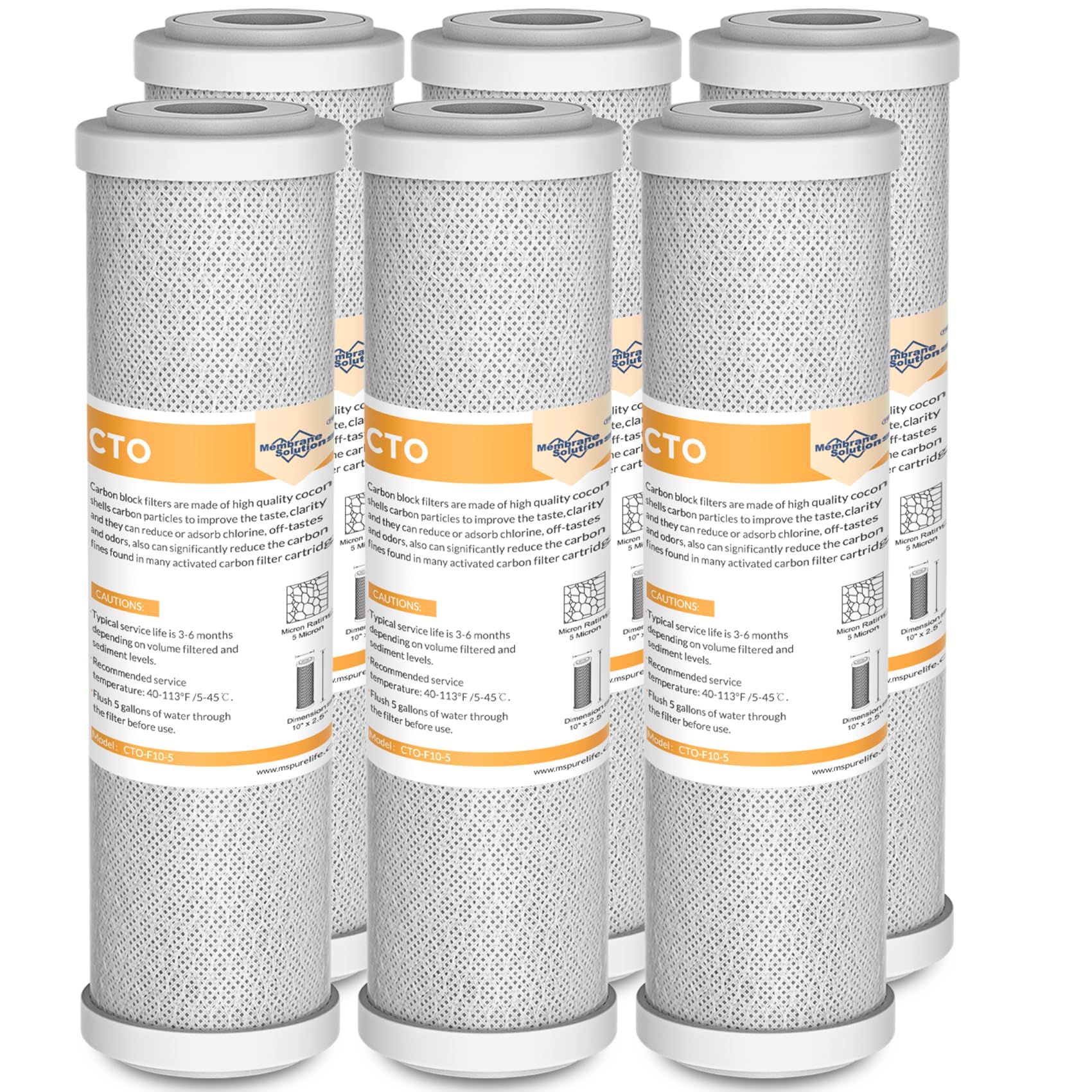 Membrane Solutions 5 Micron 2.5" x 10" CTO Carbon Block Water Filter Cartridge Replacement for Whole House Filtration Systems, Compatible with WFPFC8002, WFPFC9001, FXWTC, WHKF-WHWC, 6-Pack