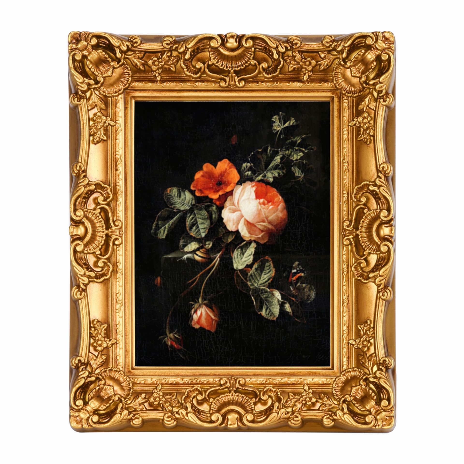 8x10 vintage picture frame, ornate gold baroque antique style with glass front, 8 x 10 photo frame for tabletop wall hanging display