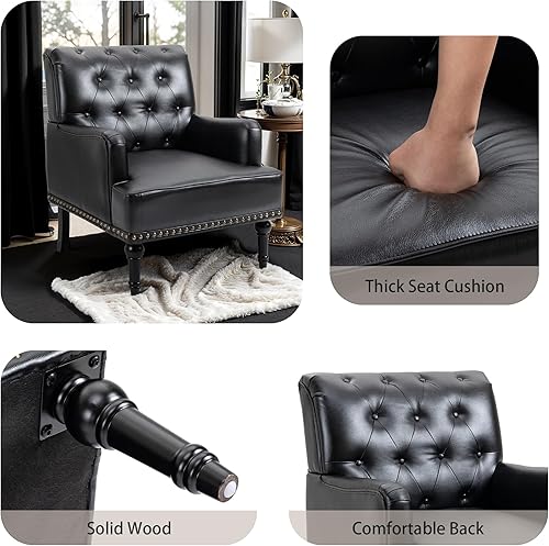 Miniatura 5 de MOJAY Silla decorativa de piel sintética, sillón de mediados de siglo, sofá con patas de madera de goma, silla de club con ribete de remache para