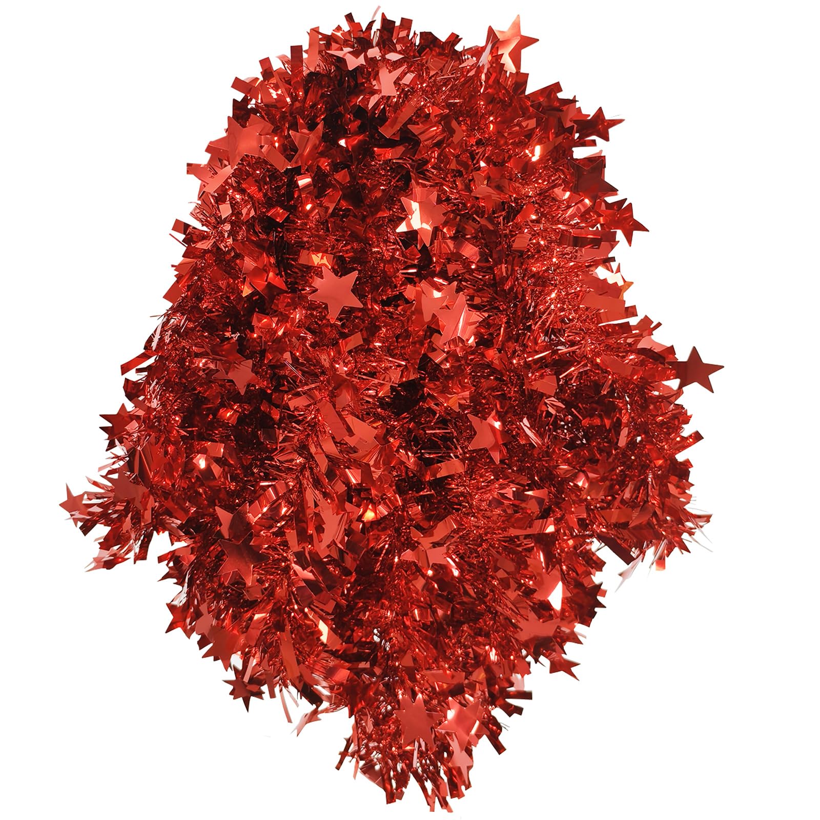 AMLOOPH Red Tinsel, 10m Thick Red Tinsel Garland For Christmas Tree Decorations, Chunky Christmas Tinsel With Star Garland For Stairs Ceiling Door Xmas Home Decoration