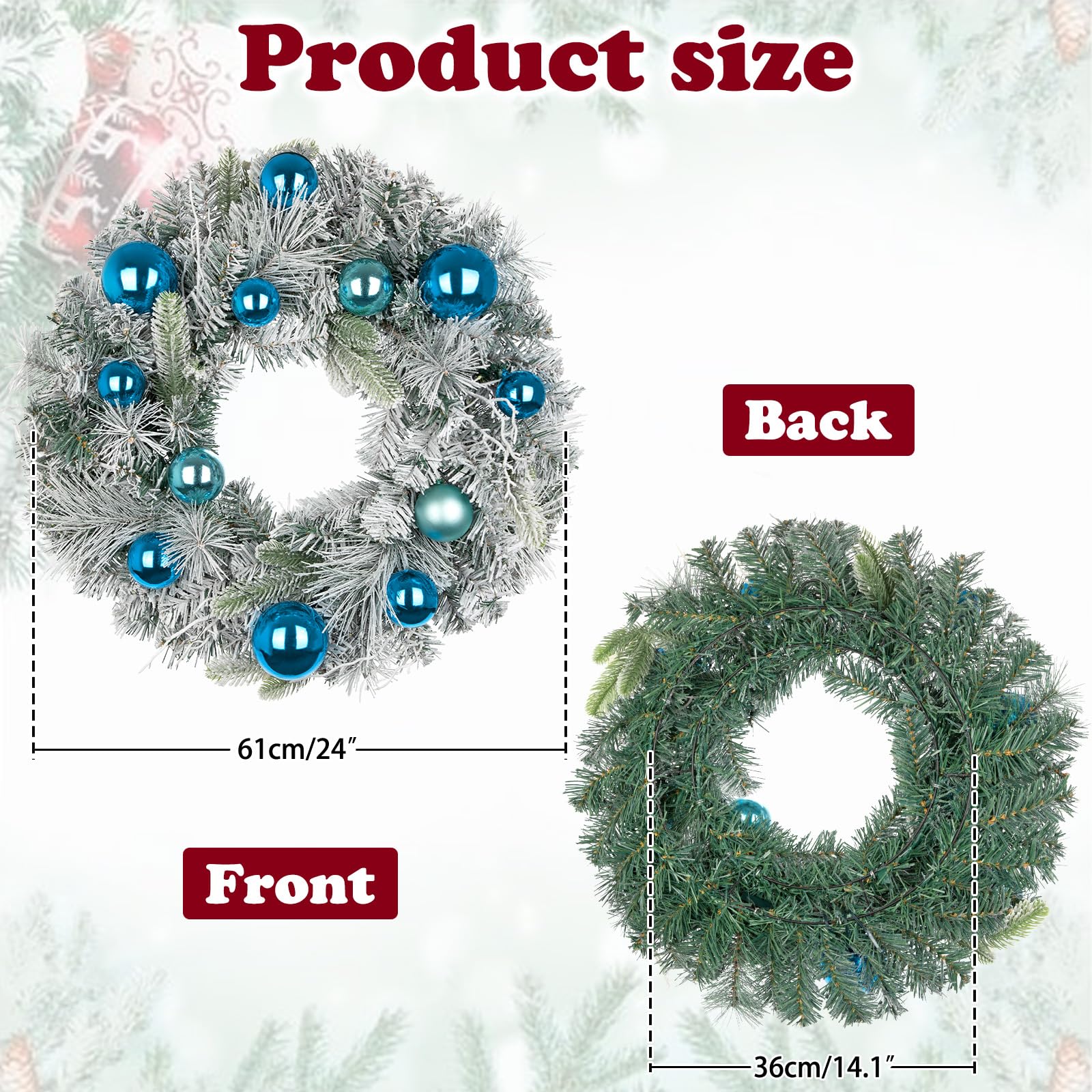 Oairse Couronne de Noël de 61 cm pour porte d'entrée, grande couronne de porte avec boules bleues, grande couronne artificielle décorative avec pin enneigé, décorations de Noël à suspendre pour