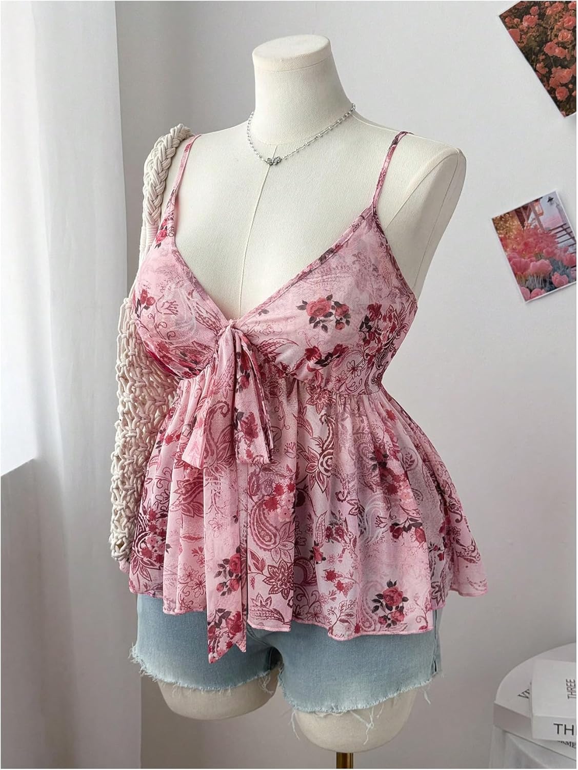 Women's Plus Size Boho Floral Camisole Mesh Tops Bow Tie Front Sleeveless Sheer Ruffle Flared Peplum Tops - Image 3