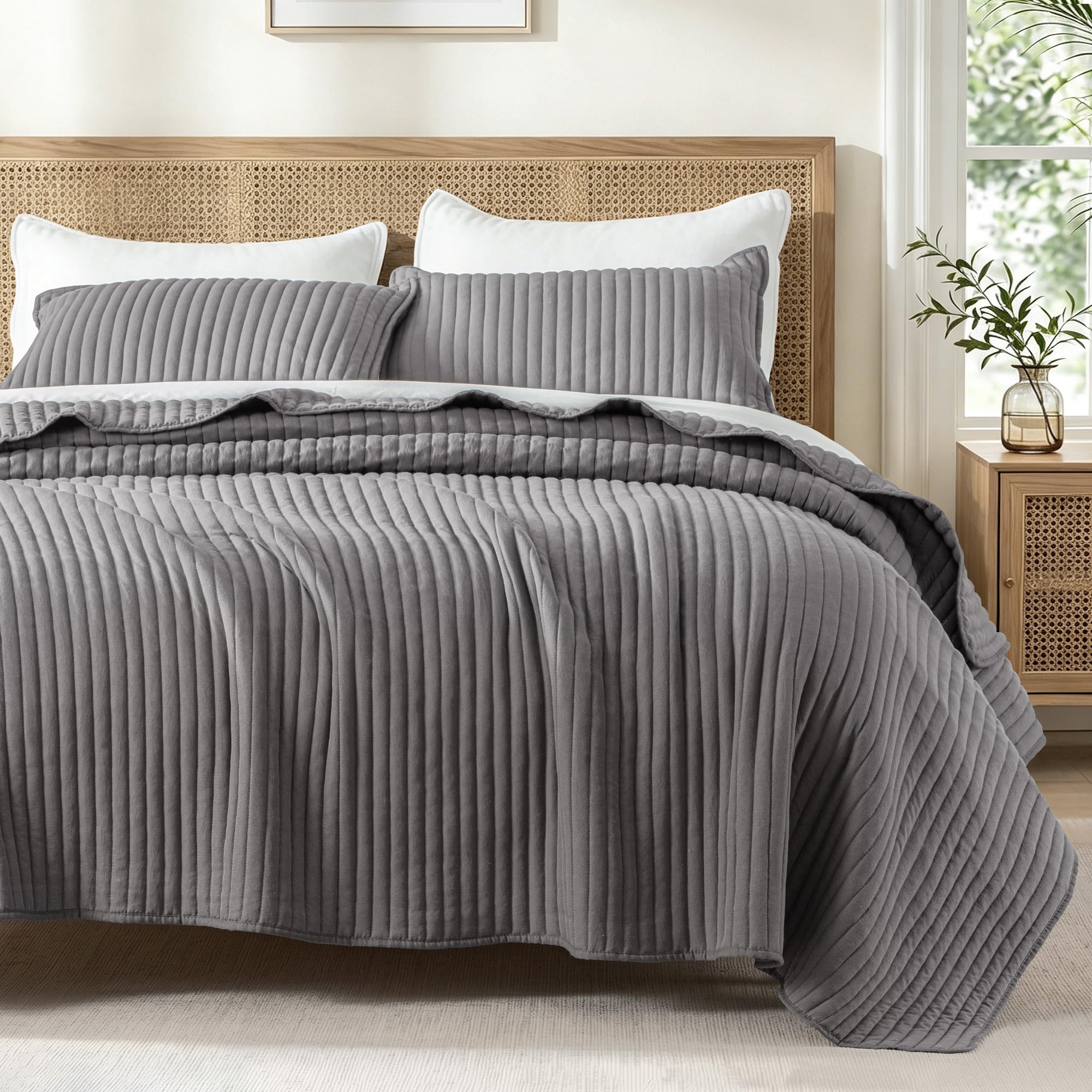 Photo 1 of Exclusivo Mezcla Grey Stripe Quilted Full Queen Quilt Bedding Set