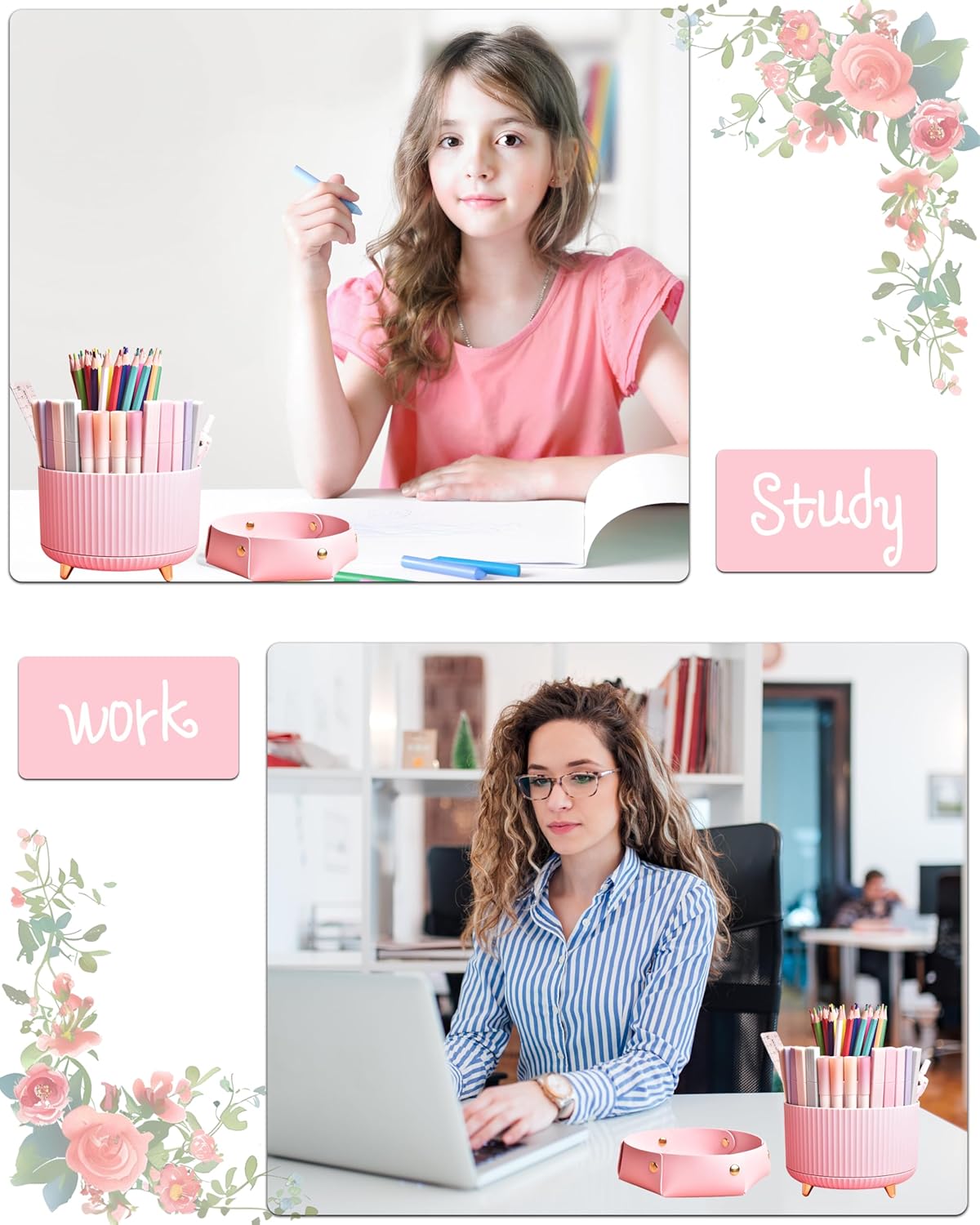 Pink Desk Accessories, 20Pc Office Supplies and 360°Pen Holder Desk Organizers, With Tape Dispenser, Stapler, Staple Remover, Ect, Let the Color Pink Fill Your Desktop - Image 7