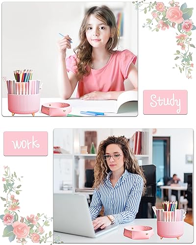 Miniatura 7 de Accesorios de escritorio rosa, 20 piezas de suministros de oficina y soporte para bolígrafos de 360, con dispensador de cinta, grapadora, removedor