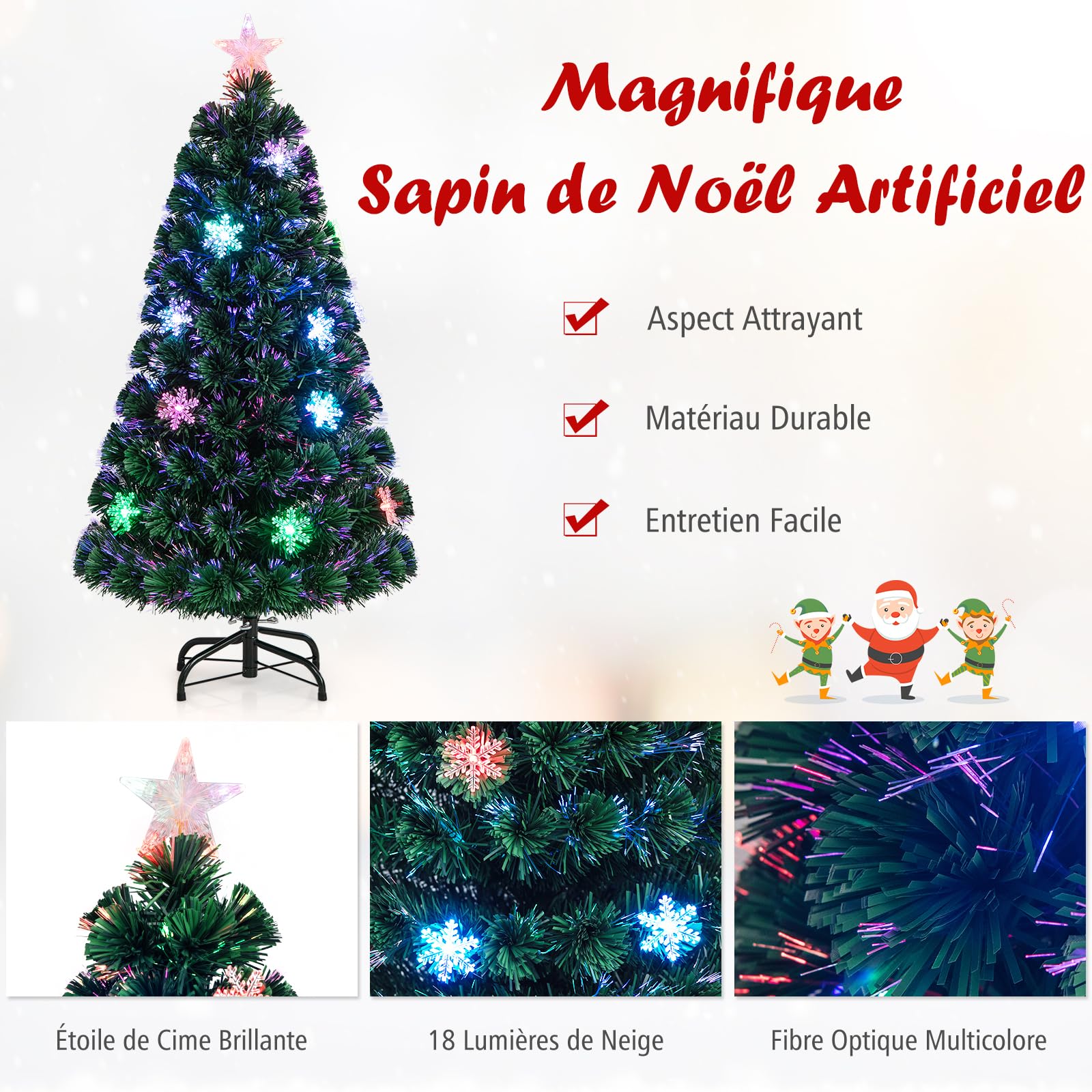 DREAMADE Sapin de Noël Artificiel 90CM/120CM/150CM/180CM avec 12/18/24/28 Lampes à LED, Arbre de Noël en PVC avec Flocon de Neige, Etoile au Sommet d’Arbre et Pieds en Fer, Vert (120cm)