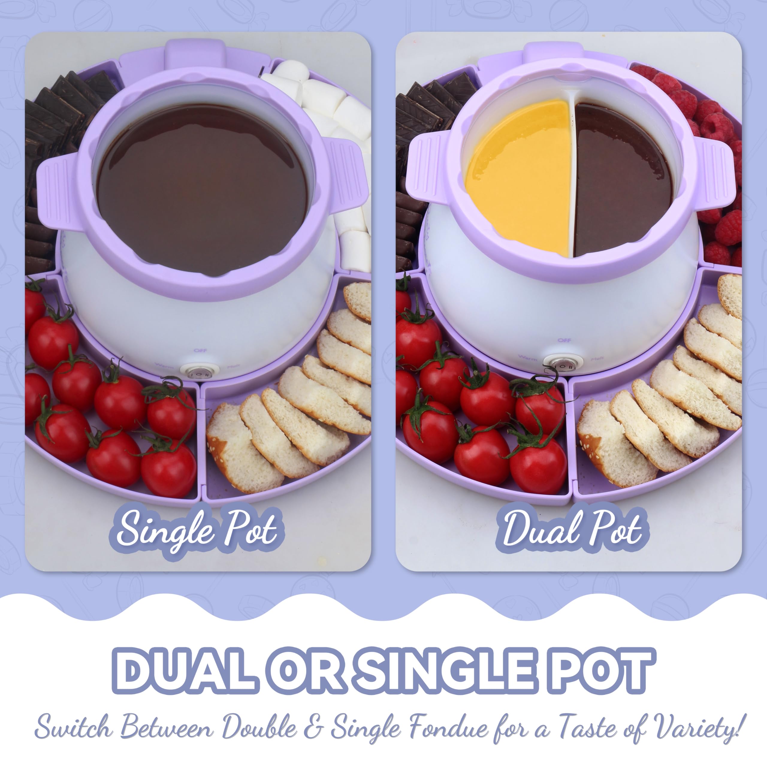 Party Desserts Electric Fondue Pot Set with 2 Pots, Melting Chocolate Warmer for Dipping, Candy & Chocolate Melting Pot, Fondue Pot Electric Set, Fondue Forks Included, 2.5 Cups, Lavender - 3