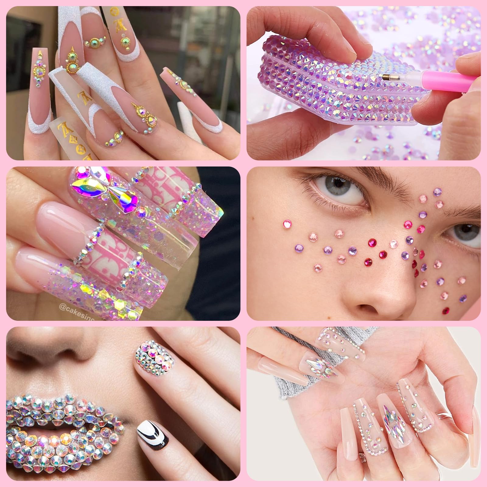 5 cajas de 7200 piezas de diamantes de imitación de cristal brillante, con parte trasera plana, gemas de sirena AB multicolor transparentes con bolígrafo recogedor y pinzas curvadas para salón de 6