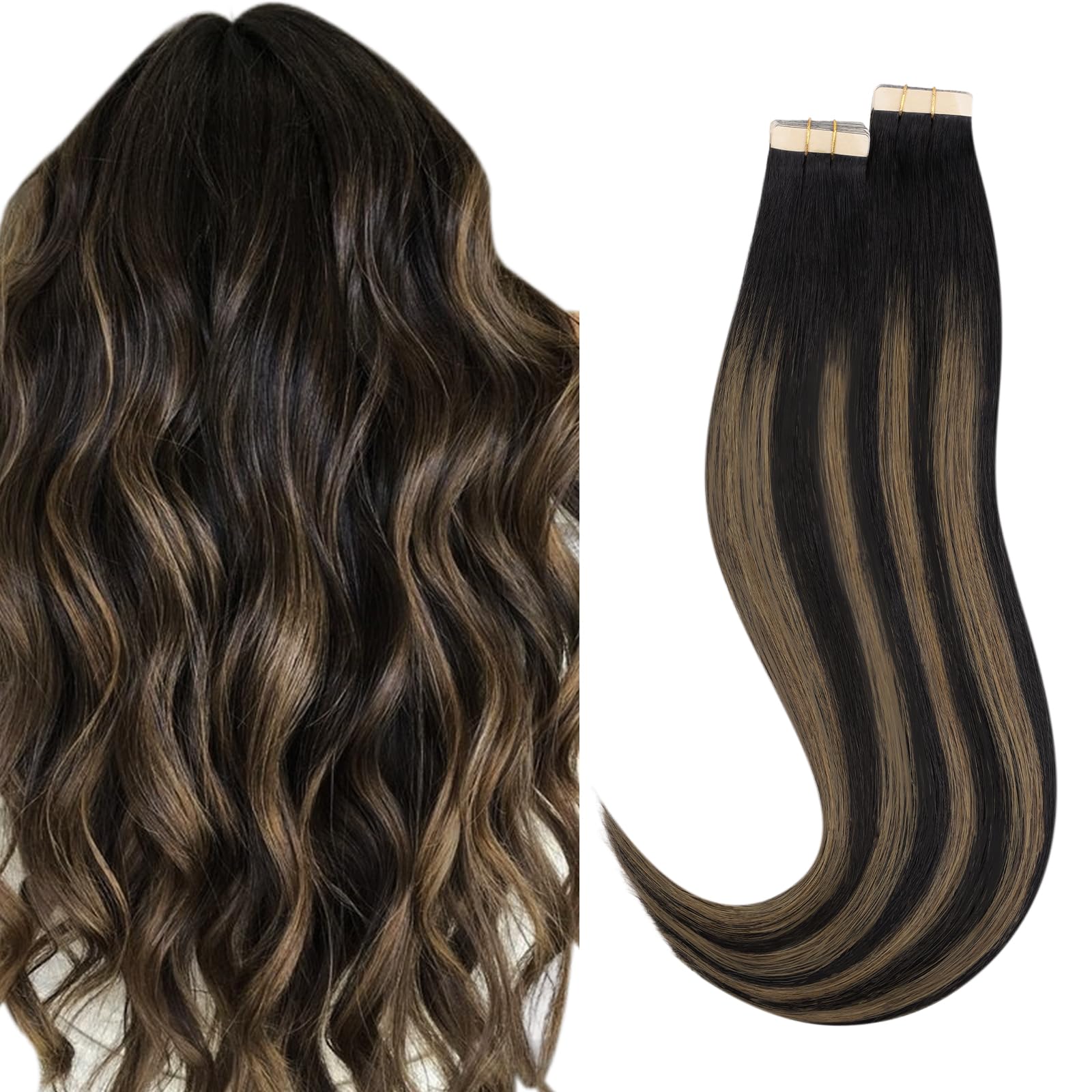 HOTBANANA Tape-in Hair Extensions, 16 Inch 40pcs 100g Balayage Natural Black to Chestnut Brown Straight Remy Human Hair Tape-in Extensions