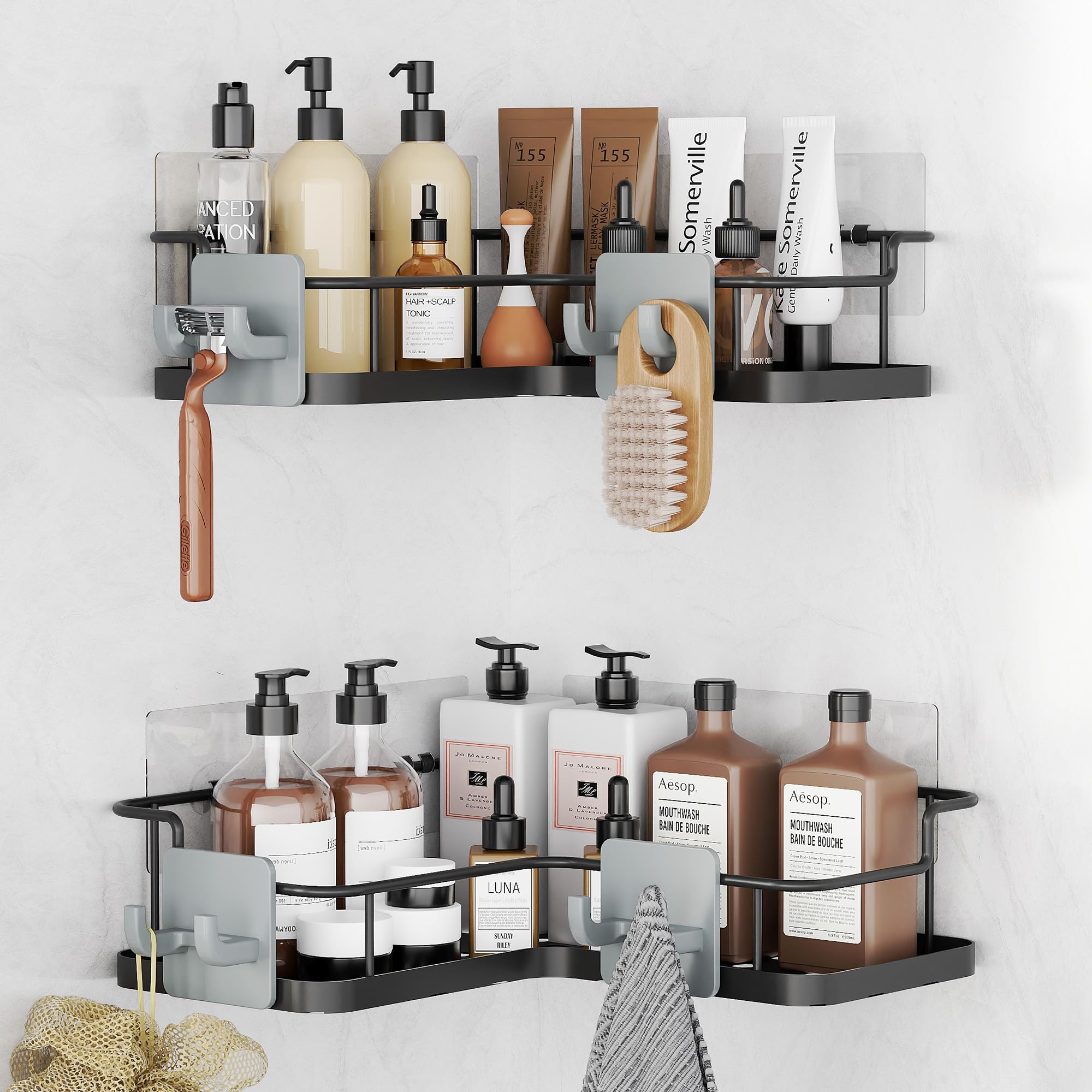 ODesignCorner Shower Organizer, 2 Pack Adhesive Shower Corner Organizer Shelves, No Drilling Stainless Steel Shower Storage Rack with Hooks for Bathroom, Dorm and Kitchen